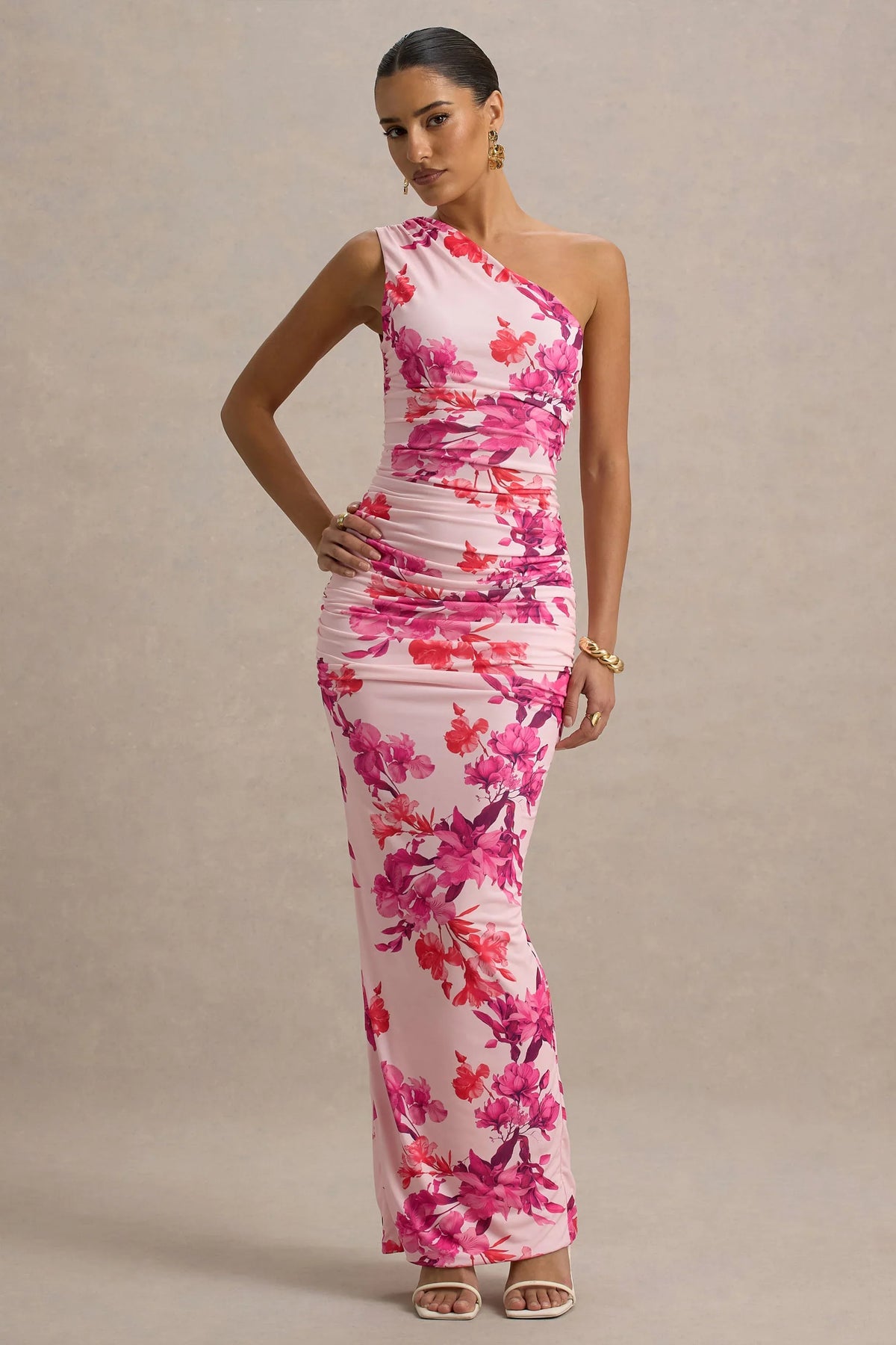 Dalarie Pink and Orange Floral Print One Shoulder Gathered Maxi Dress