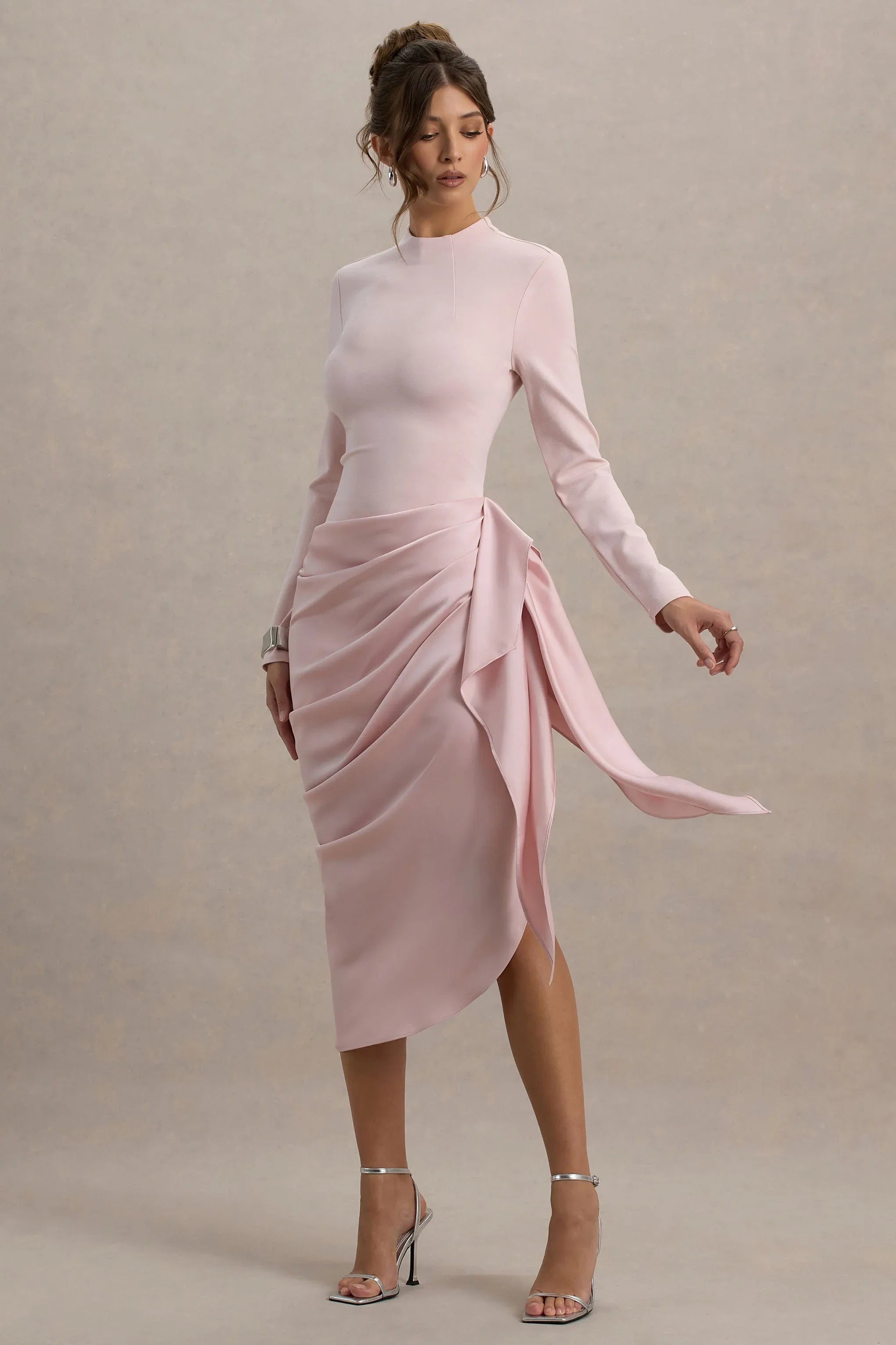 Raffie Pink Long Sleeve Midi Dress With Satin Wrap Skirt