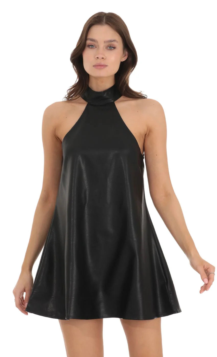 Faux Leather Shift Dress in Black