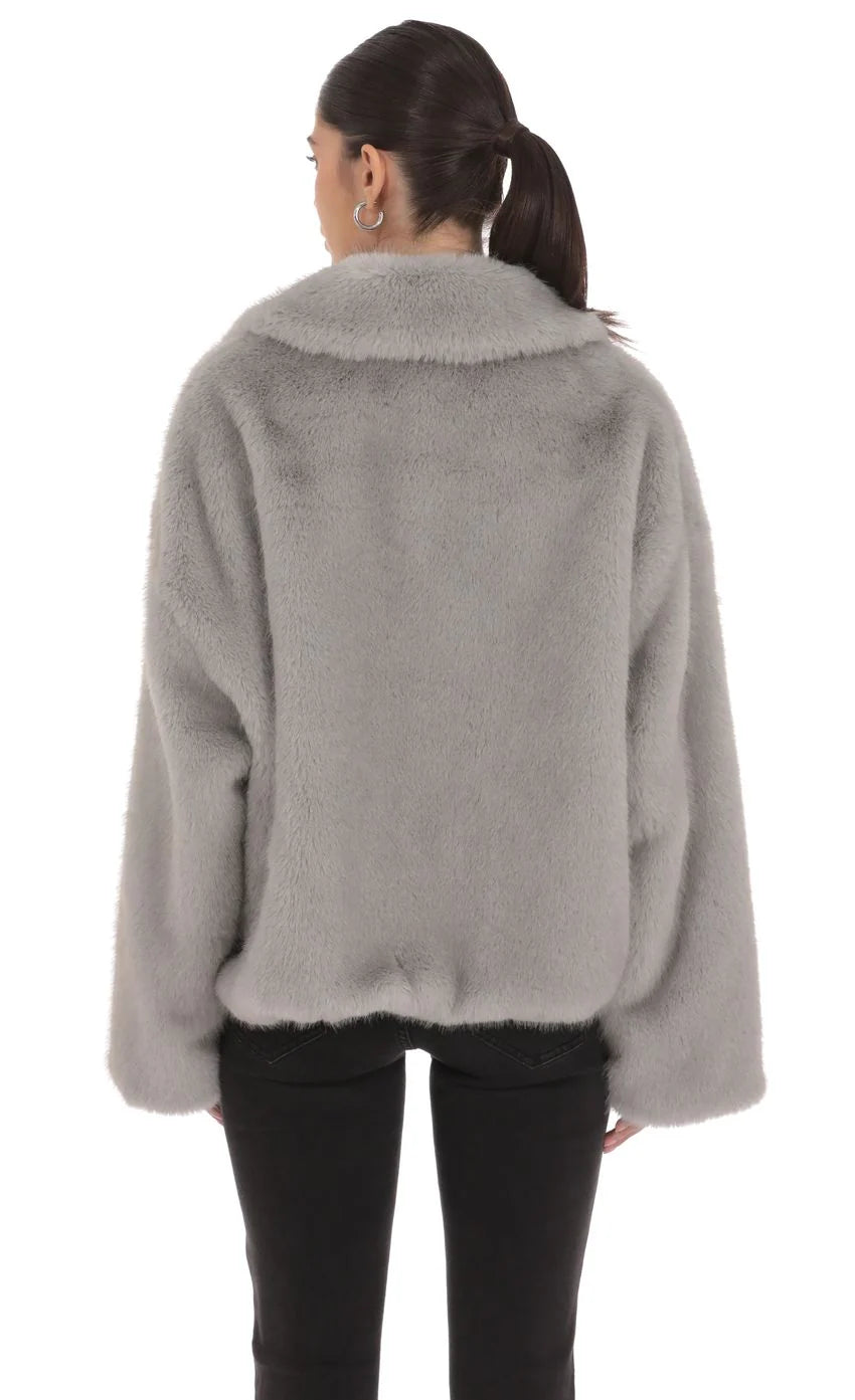 Zip Up Faux Fur Jacket in Grey