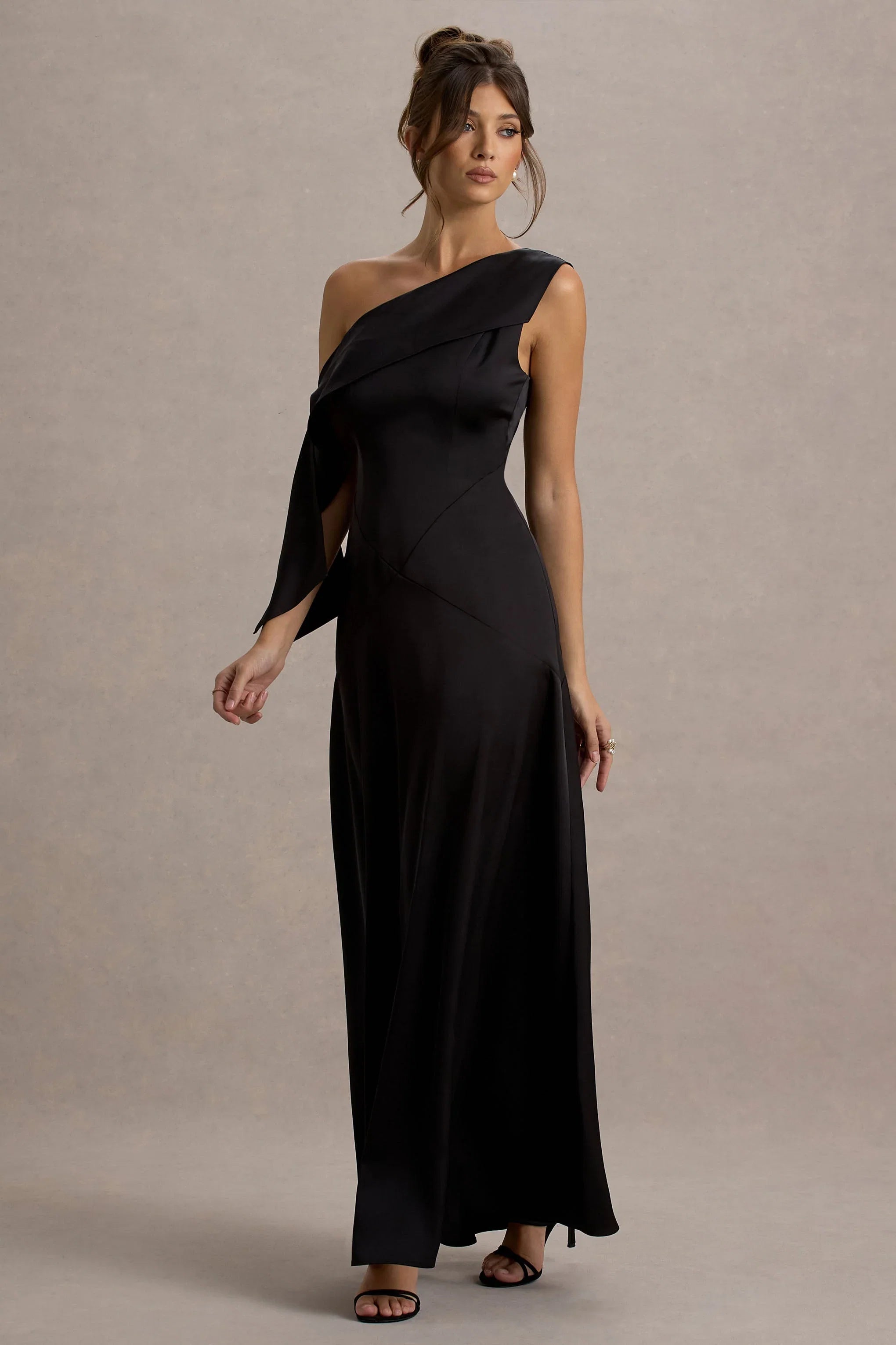 Nicola Black Satin Asymmetric Bardot Draped Maxi Dress