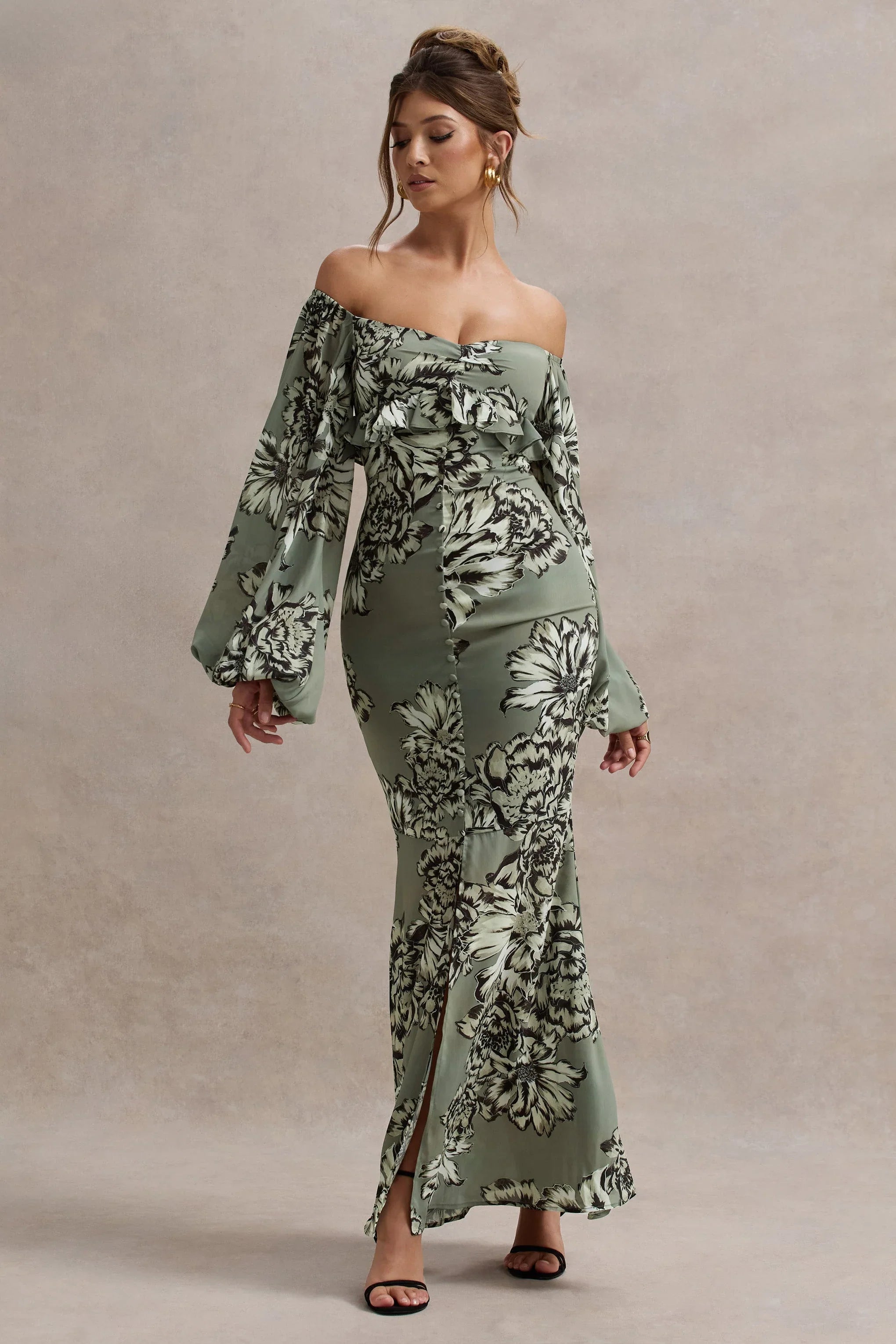 Murcia Olive Floral Print Chiffon Puff Sleeve Button Maxi Dress
