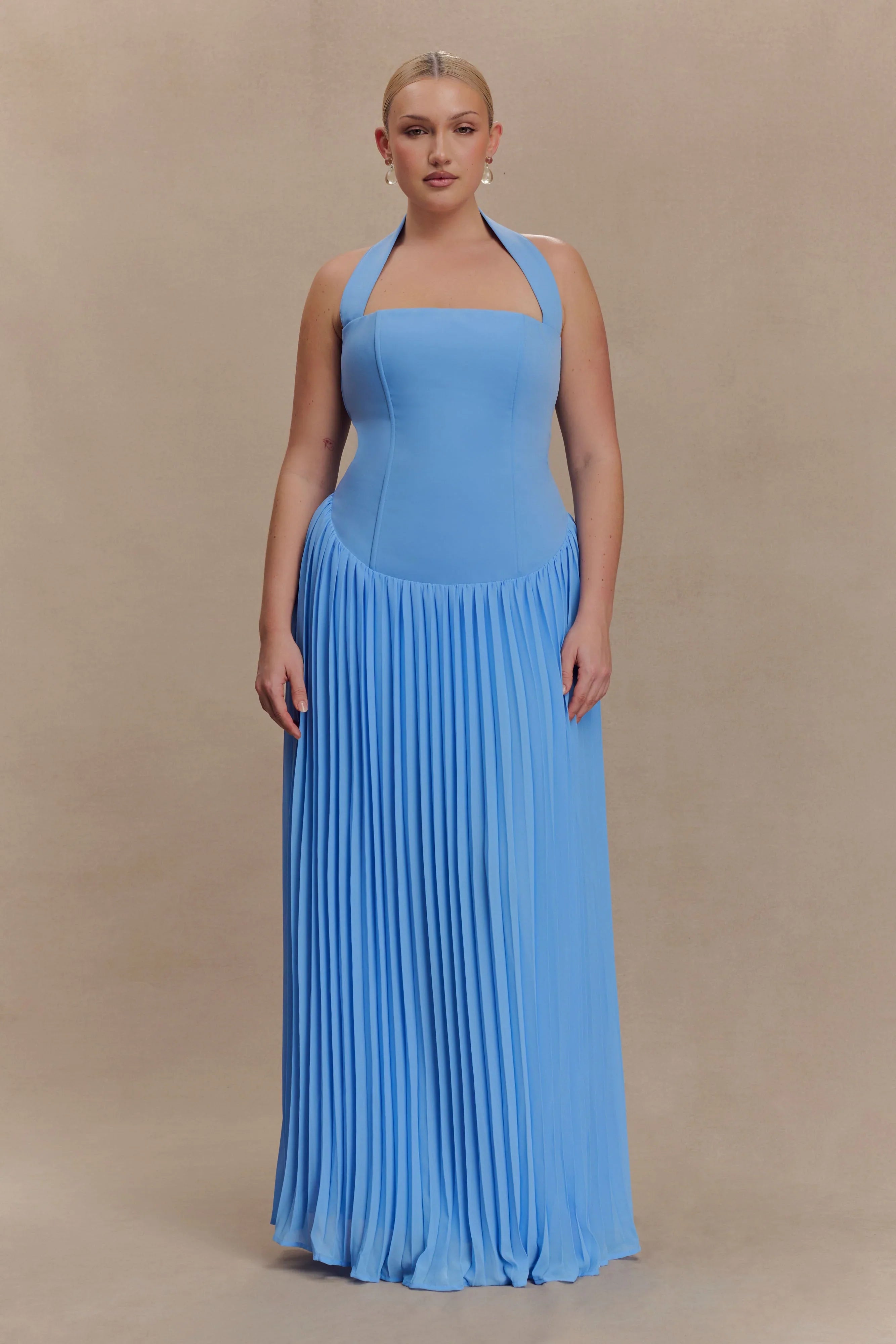 Stacie Pleated Halter Maxi Dress Bright Blue