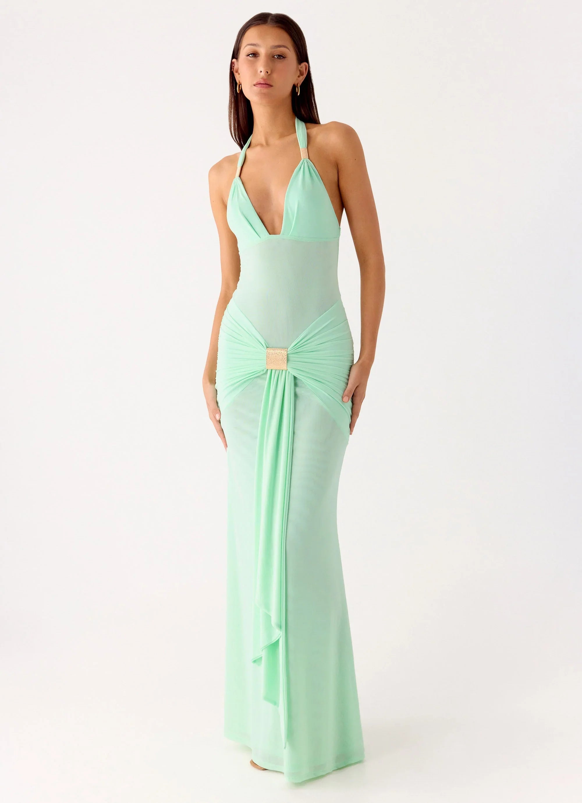 Miyah Halter Hardware Maxi Dress Mint Blue