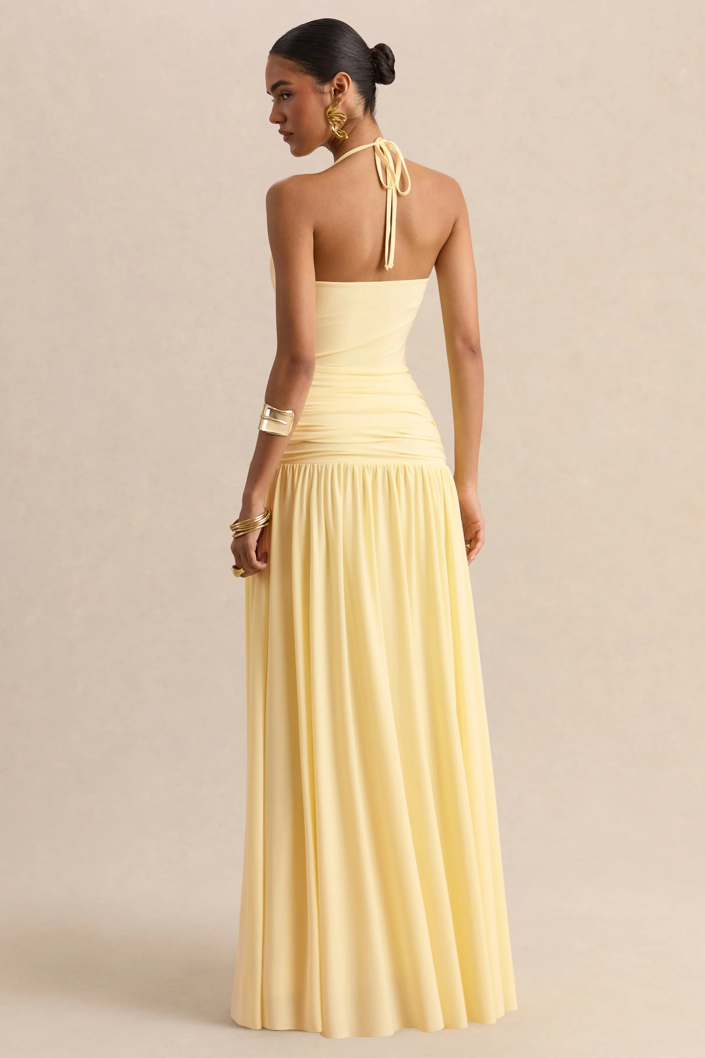 Nicolette Lemon Square Neck Maxi Dress With Ruched Detailing