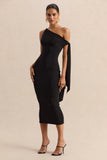 Arcelia Black Asymmetric Neck Midi Dress With Knot Sleeve Detail