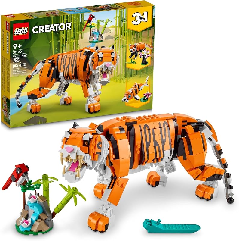 LEGO Creator 3 in 1 Majestic Tiger Building Set Transforms from Tiger to Panda or Koi Fish Set Animal Figures Collectible Building Toy Gifts for Kids Boys Girls 9 Plus Years Old 31129