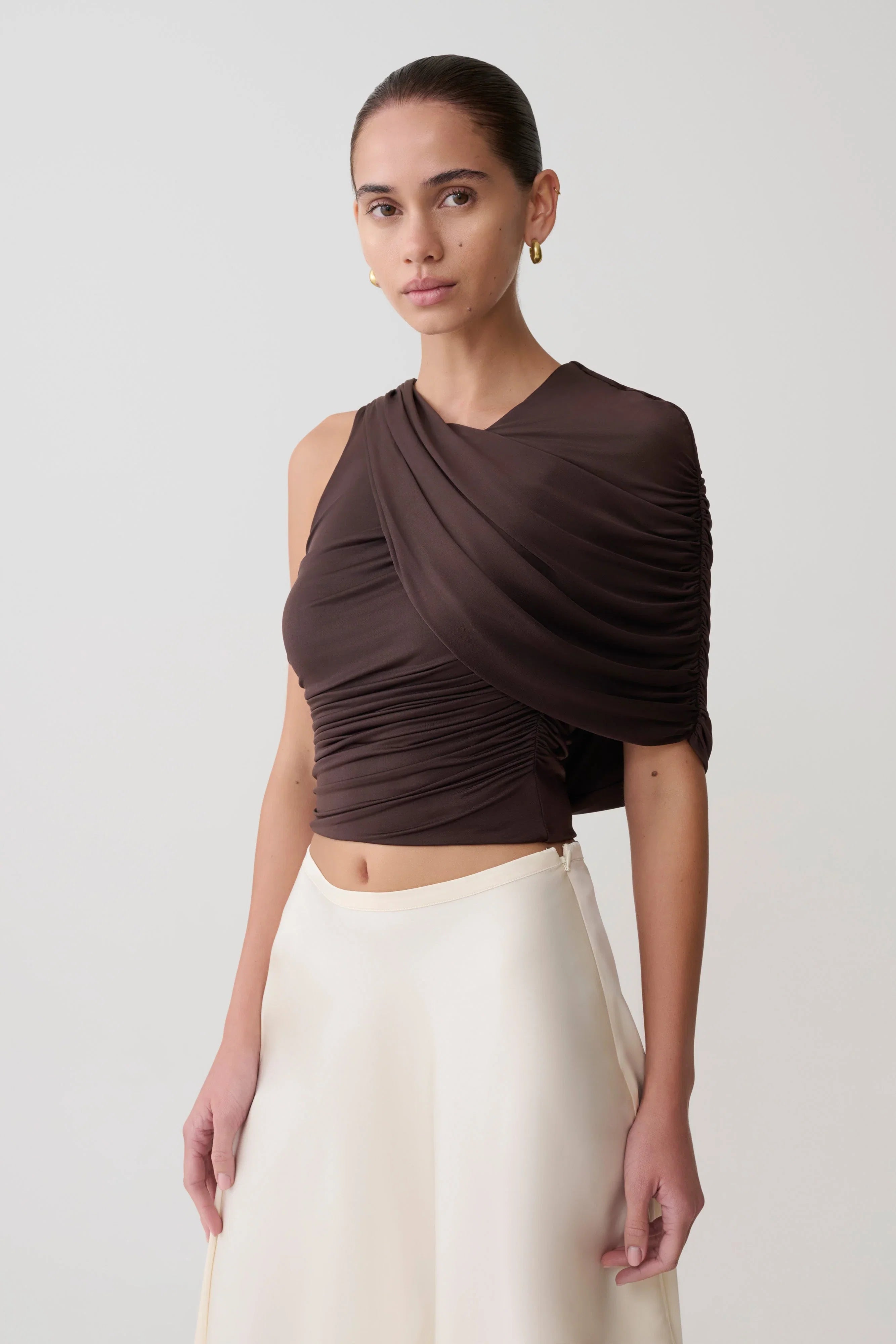 Adrienne One Shoulder Slinky Top Chocolate
