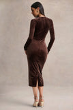 Francine Brown Velvet Round Neck Midi Dress With Cut Out Details