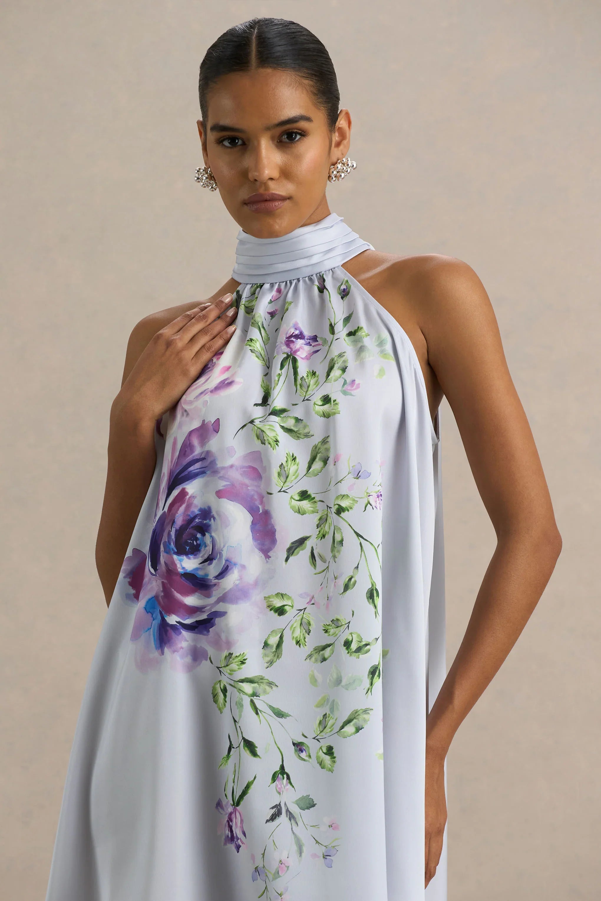 Evita Powder Blue Rose Print High Neck A Line Mini Dress With Bow