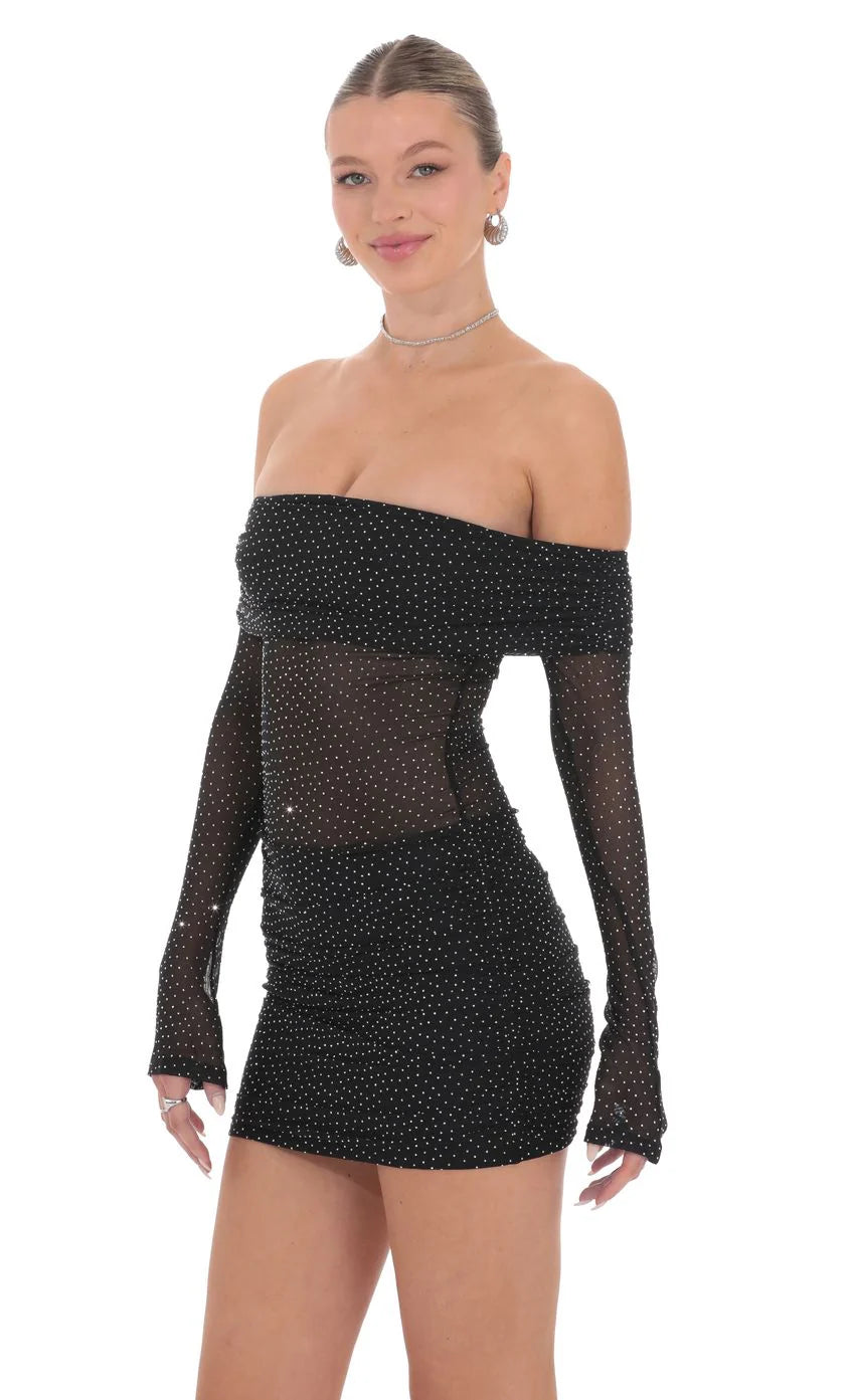 Rhinestone Mesh Off Shoulder Dress in Black
