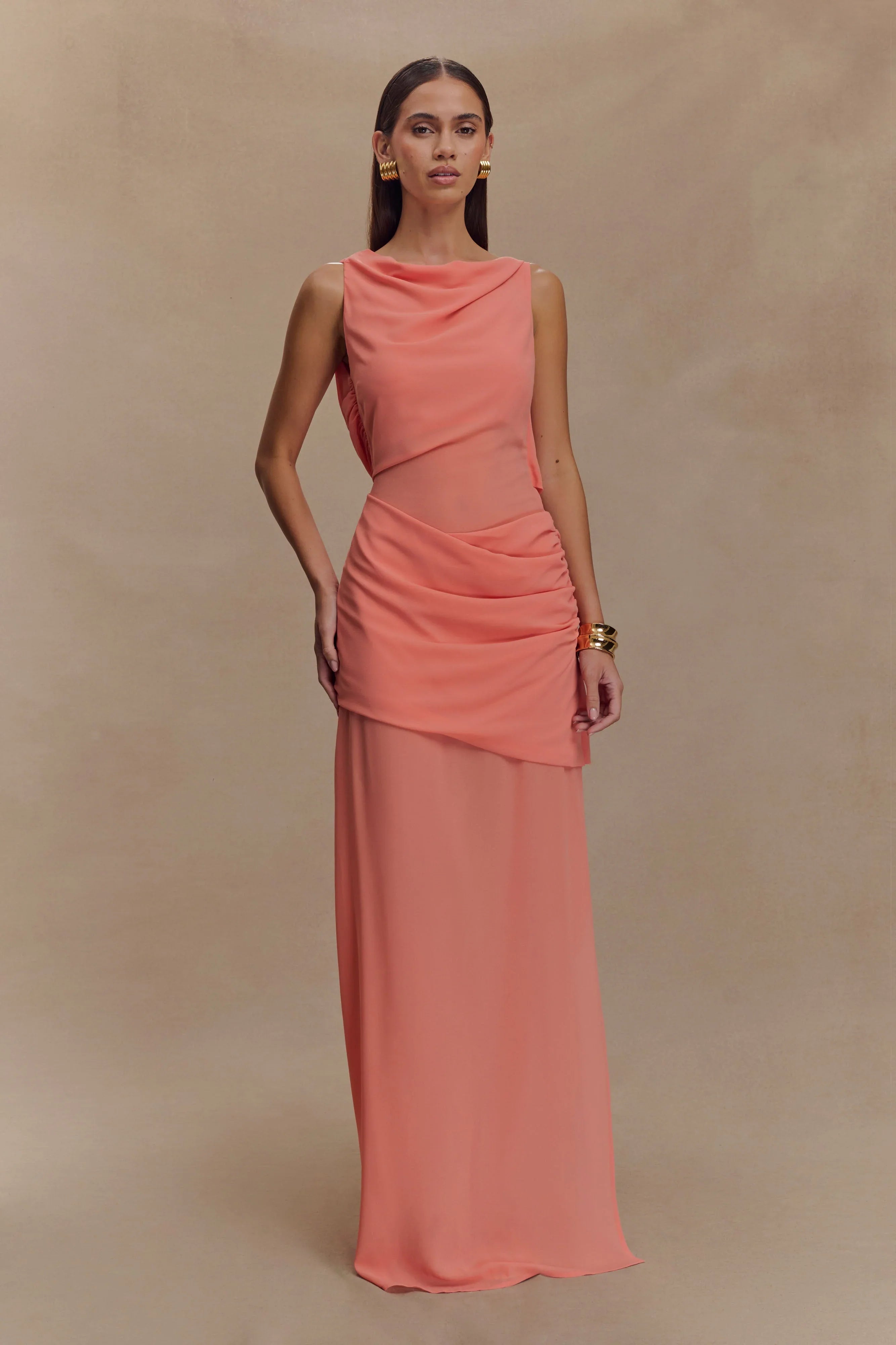 Daria Draped Chiffon Maxi Dress Pastel Nectarine