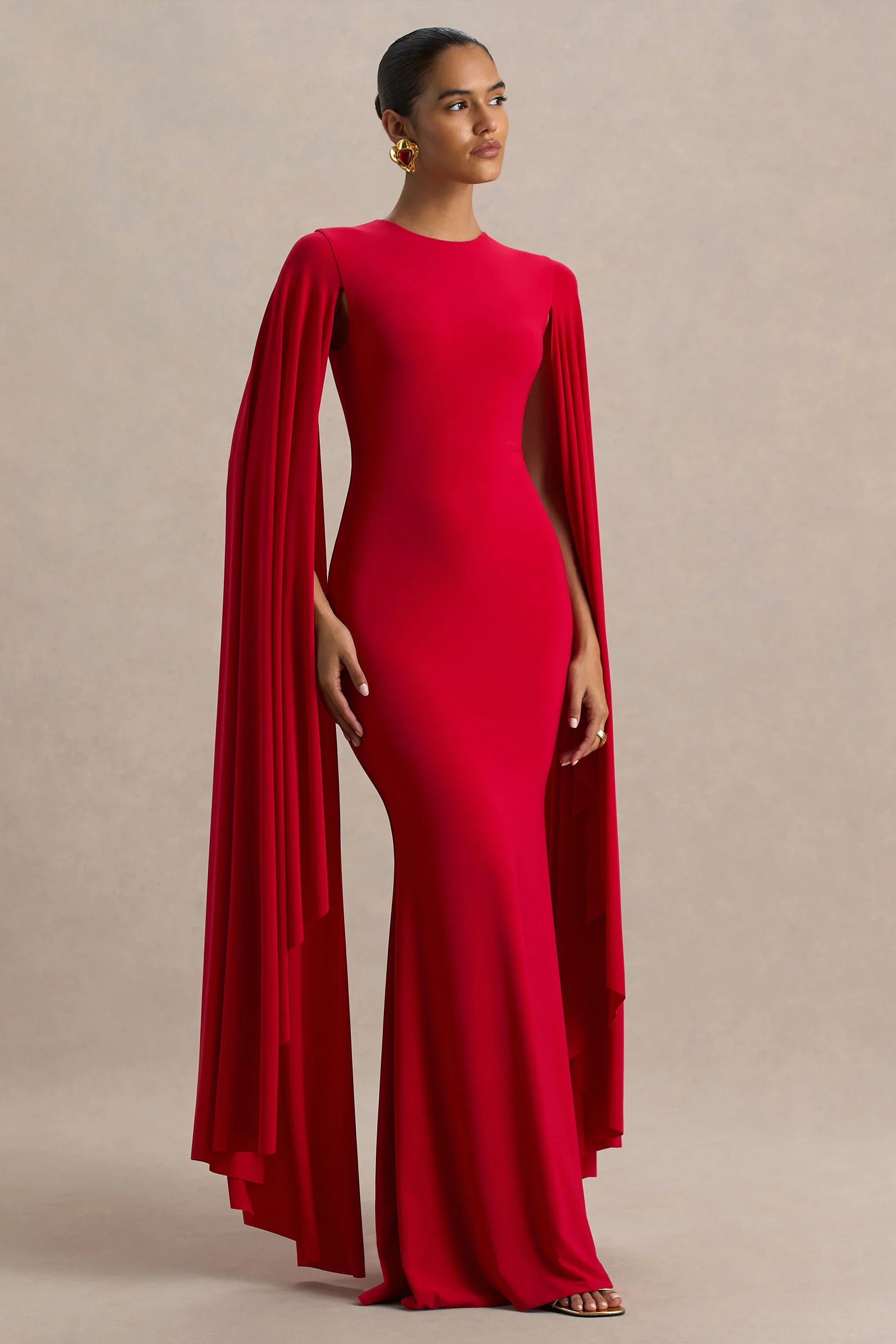 Briony Red Crew Neck Maxi Dress With Cape Sleeves
