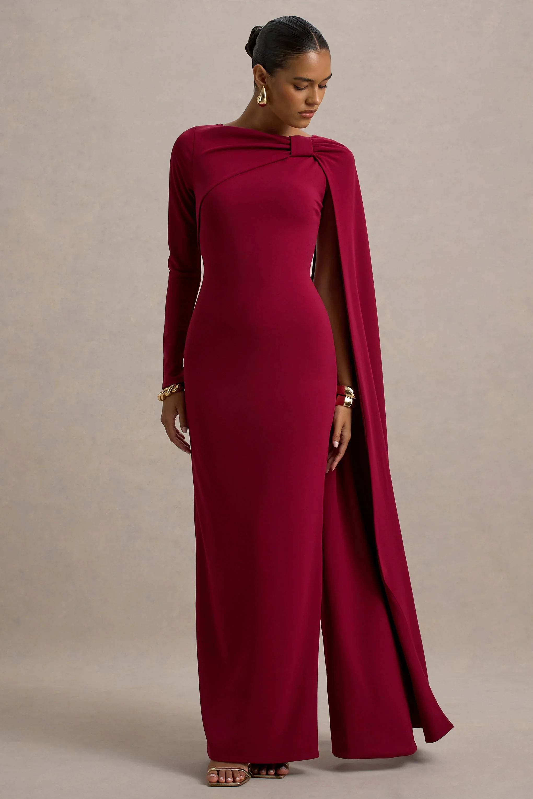 Frances Burgundy High Neck Maxi Dress With Cape Detail