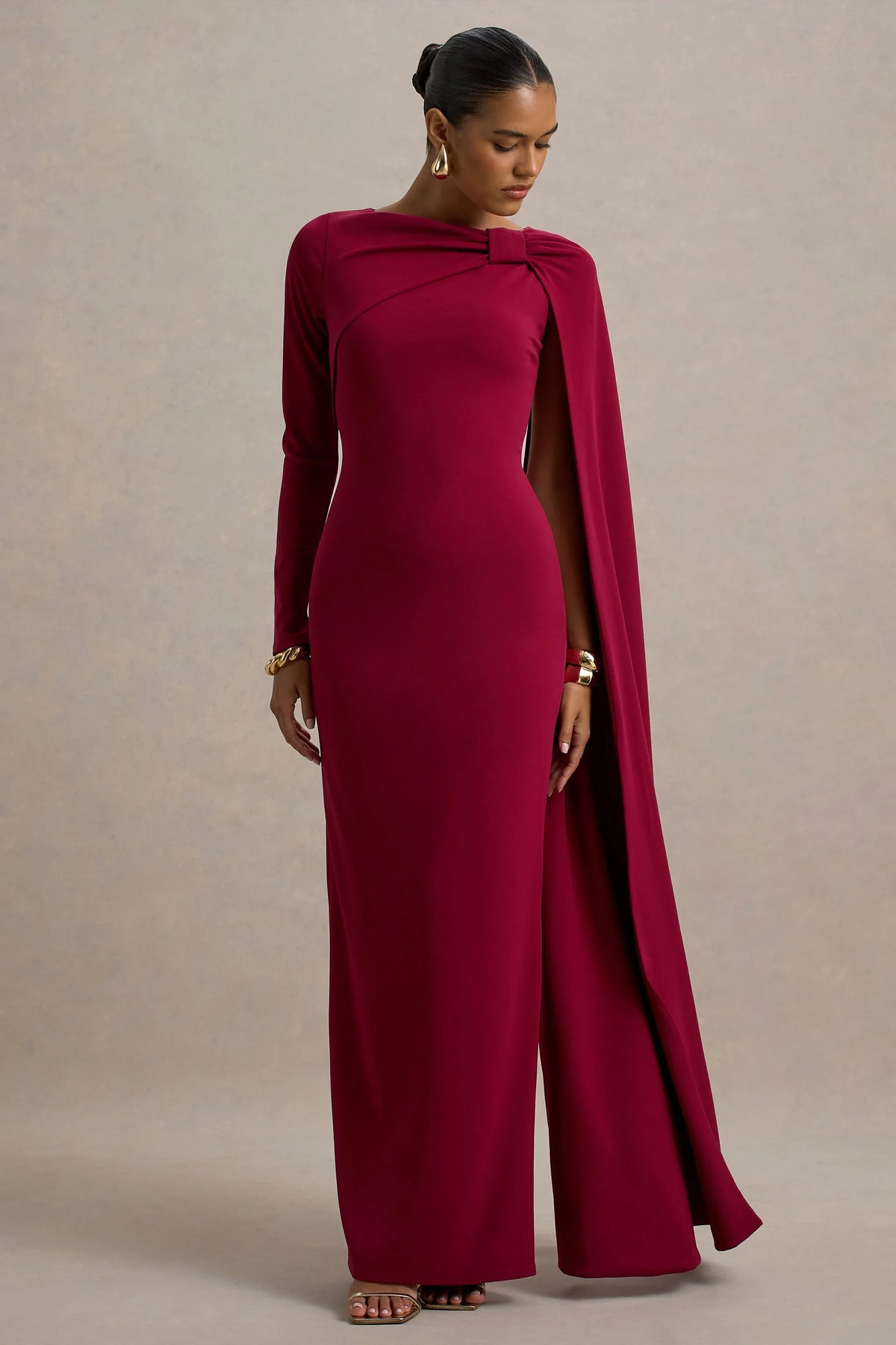 Frances Burgundy High Neck Maxi Dress With Cape Detail