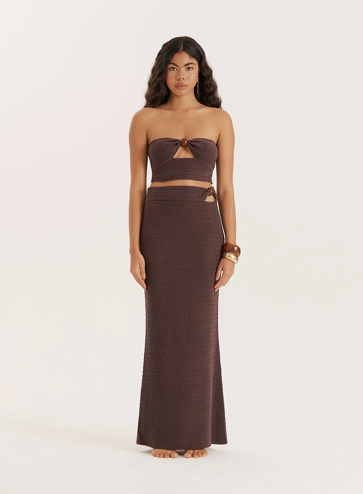 Brown Knitted Bead Detail Bandeau Top
