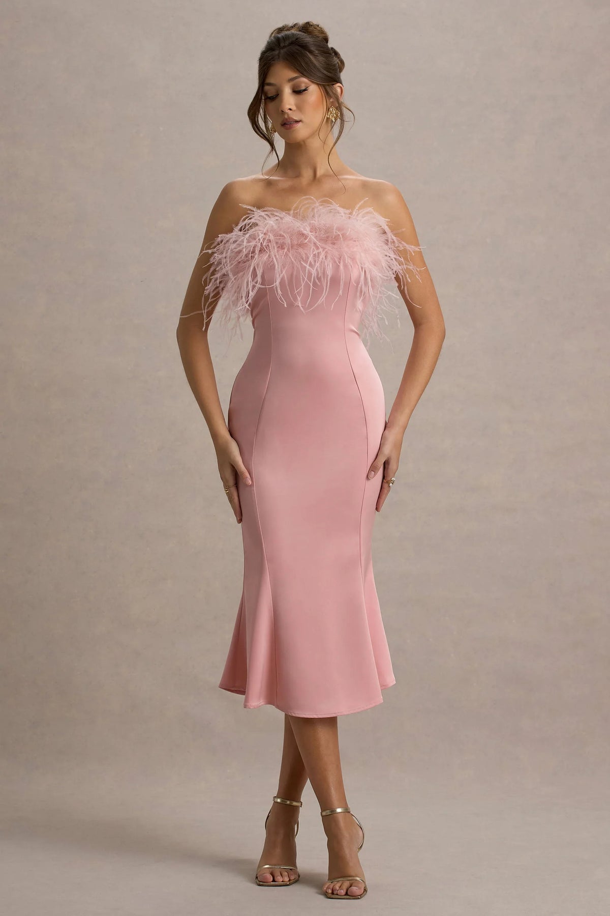 One And Only Light Pink Satin Feather Trim Bandeau Midi Dress