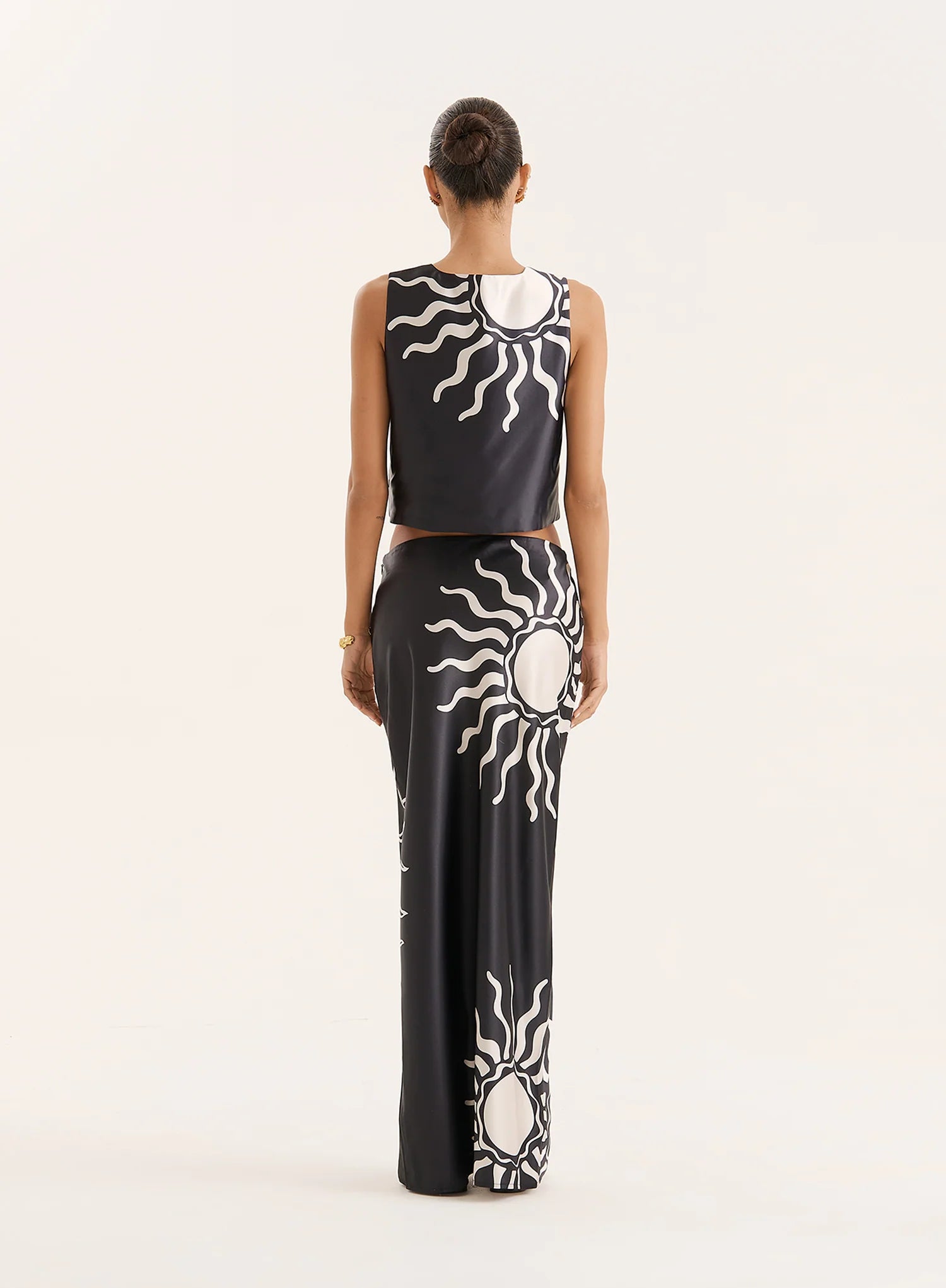 Black Sun Print Satin Maxi Skirt