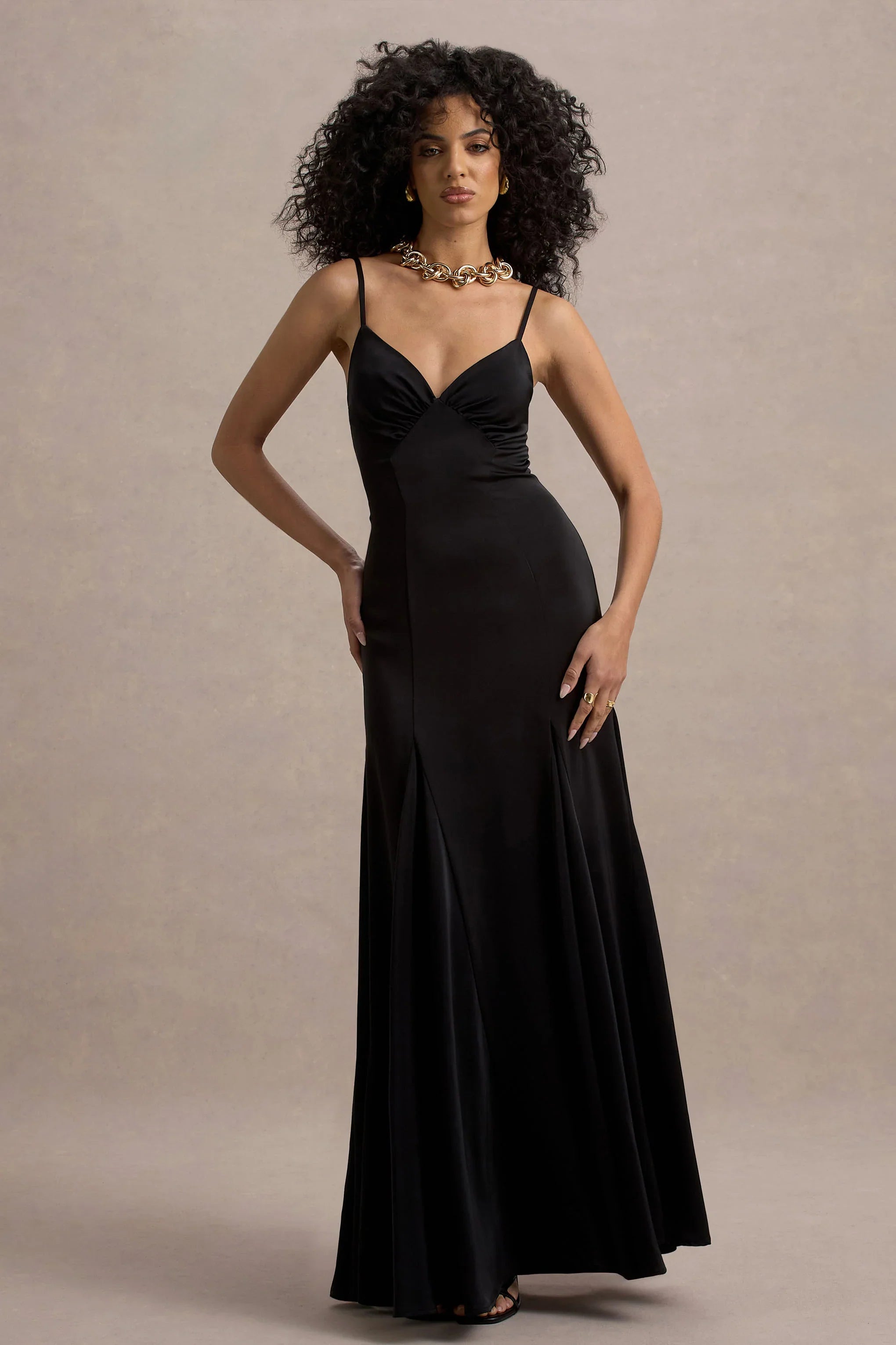 Ashly Black Satin Maxi Dress With Volume Hem