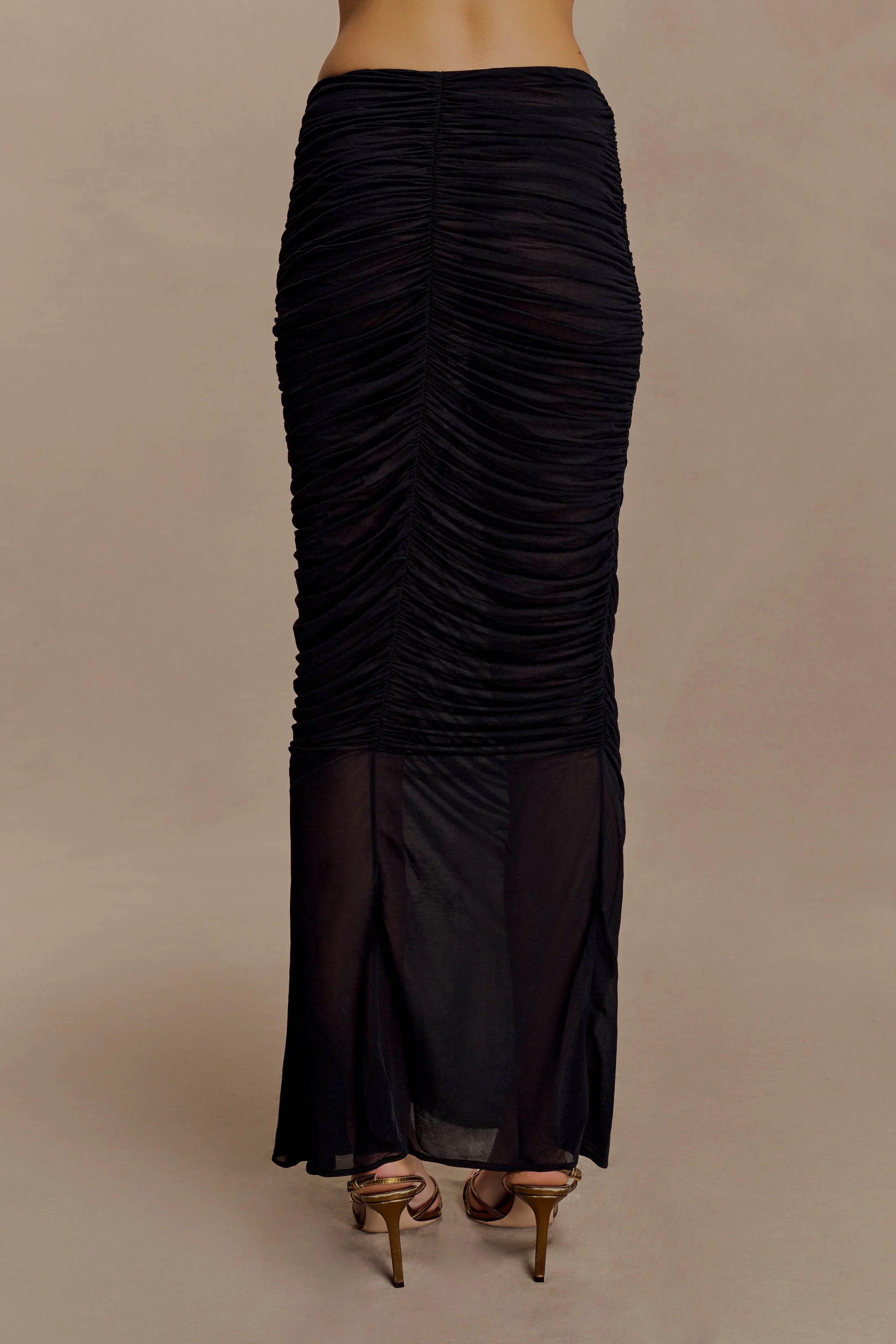 Matilda Ruched Mesh Maxi Skirt Black