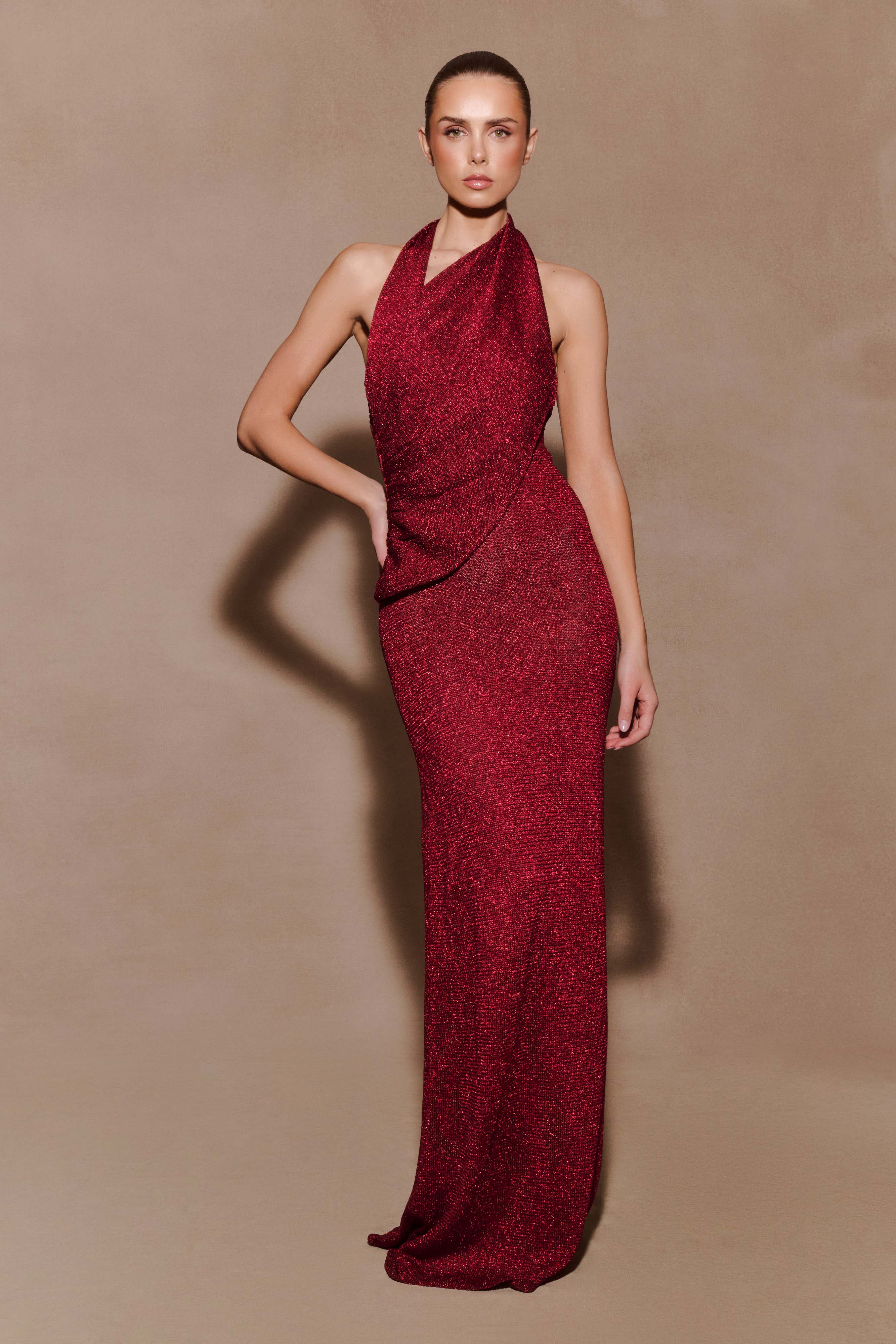 Elma Lurex Knit Halter Maxi Dress Deep Red