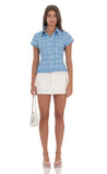 Plaid Button Up Ruffle Top in Blue