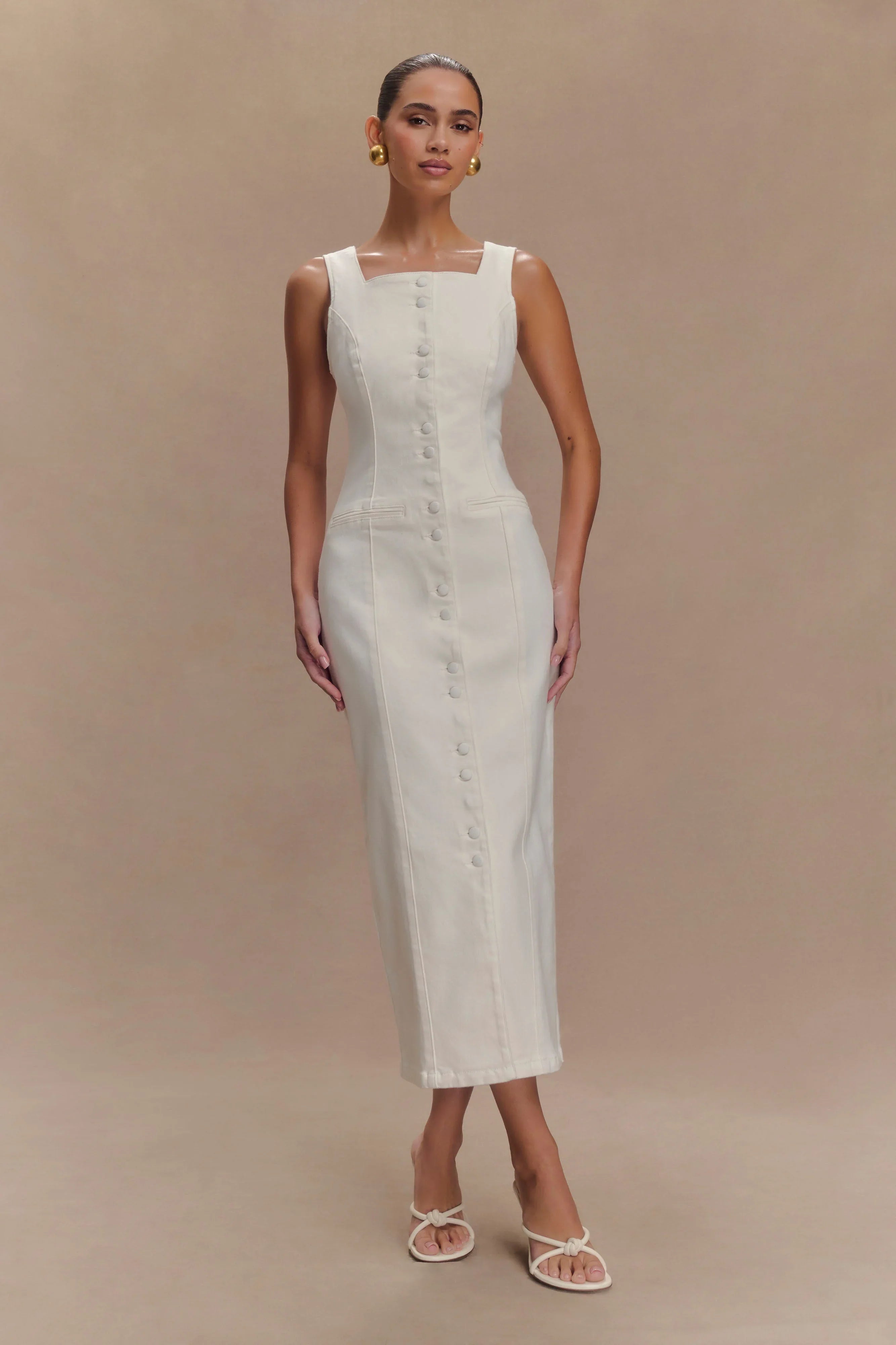 Reyna Denim Midi Dress White