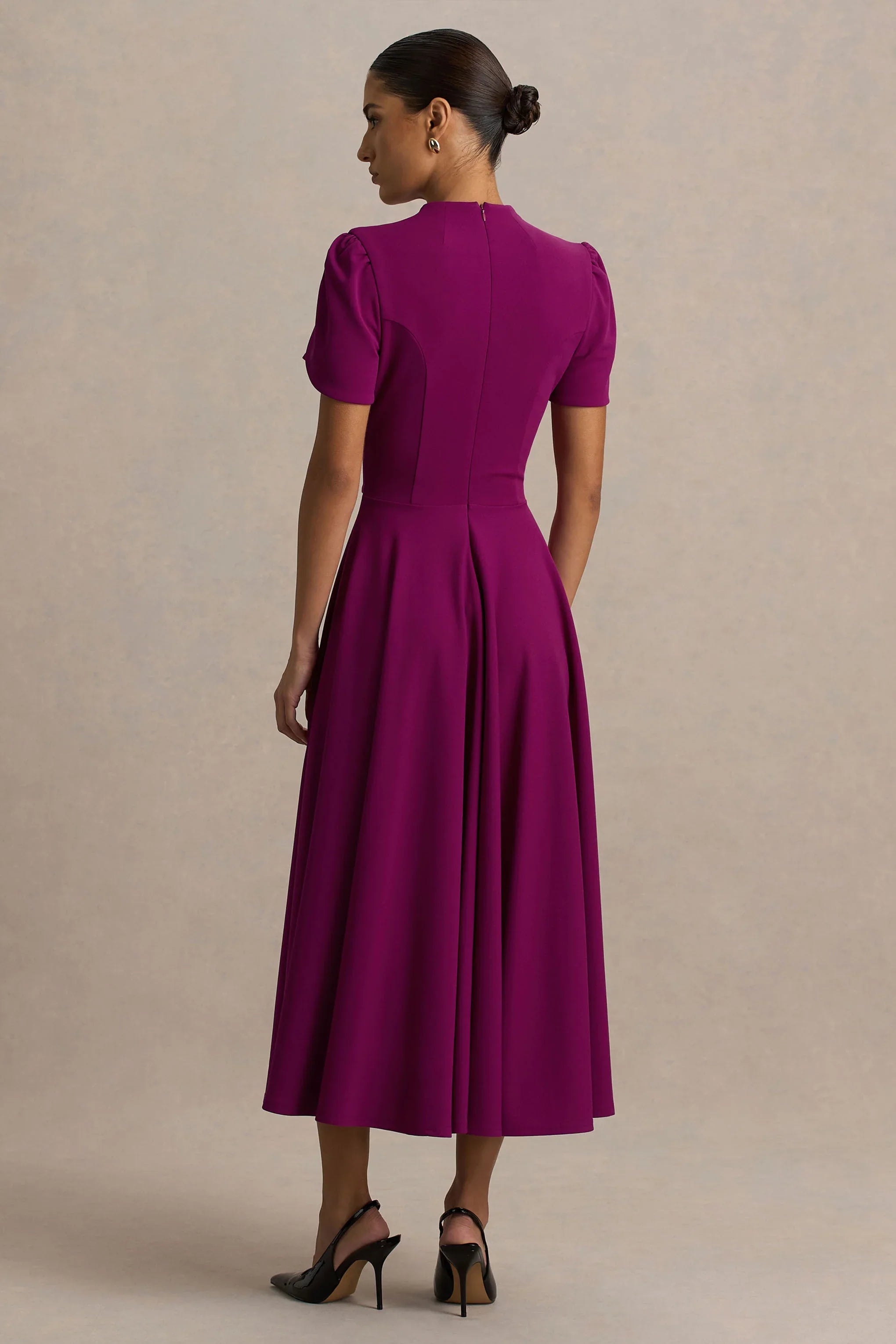 Vicky Mulberry High Neck Midi Dress With Puff Sleeves