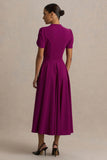 Vicky Mulberry High Neck Midi Dress With Puff Sleeves