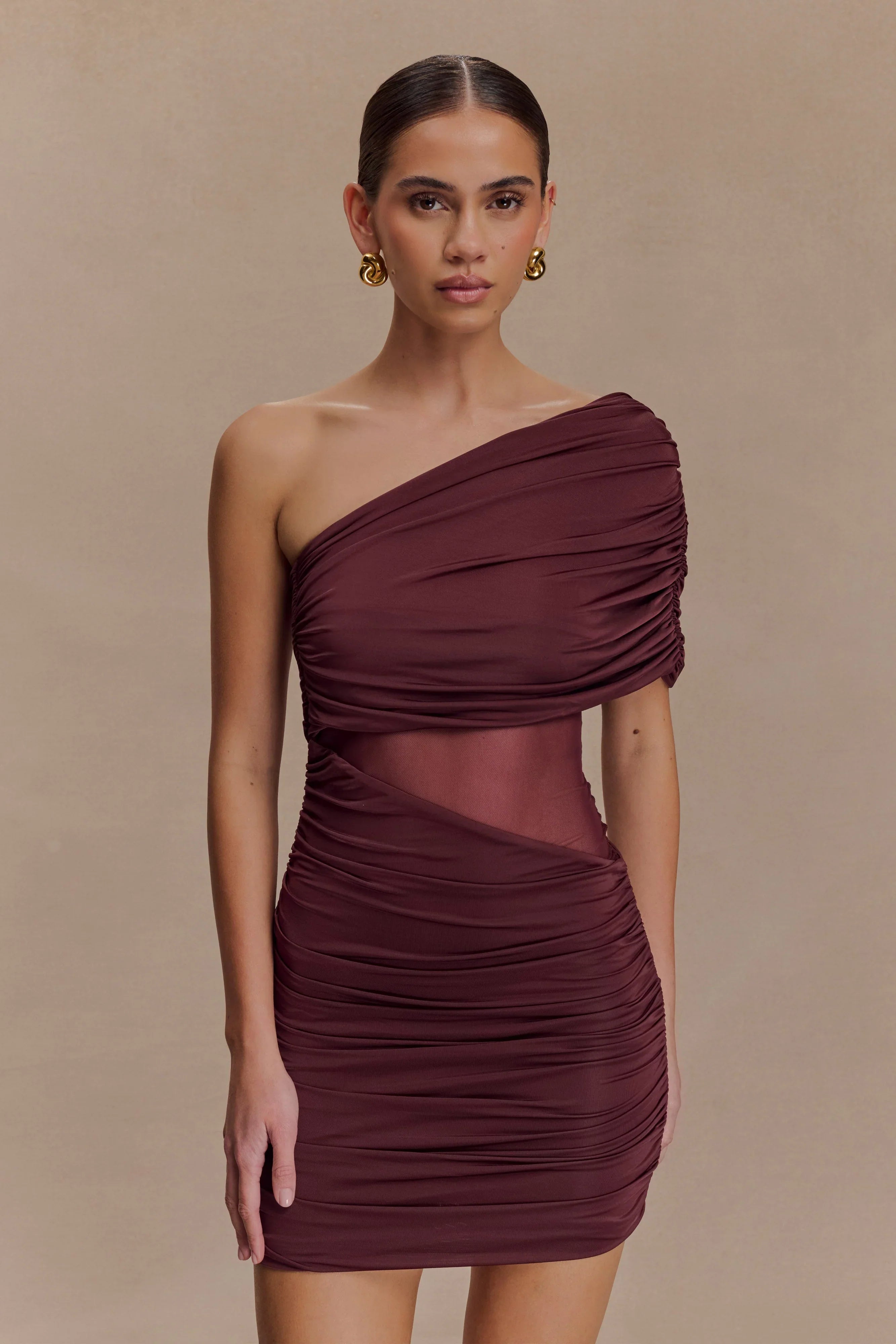 Dallas One Shoulder Mesh Mini Dress Mahogany