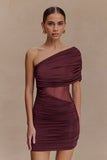 Dallas One Shoulder Mesh Mini Dress Mahogany
