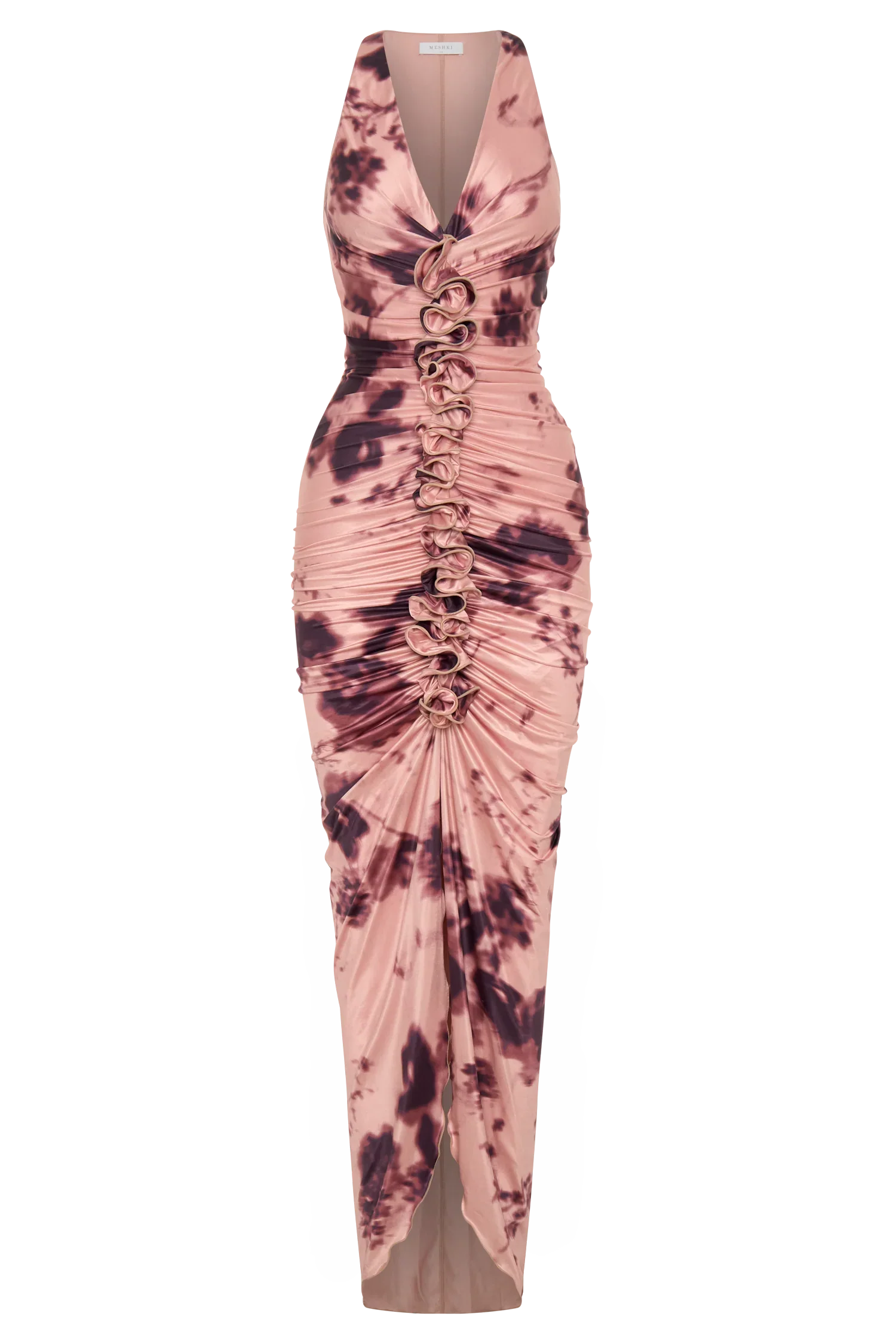 Alessandra Slinky Ruffle Maxi Dress Pink Blurred Floral Print