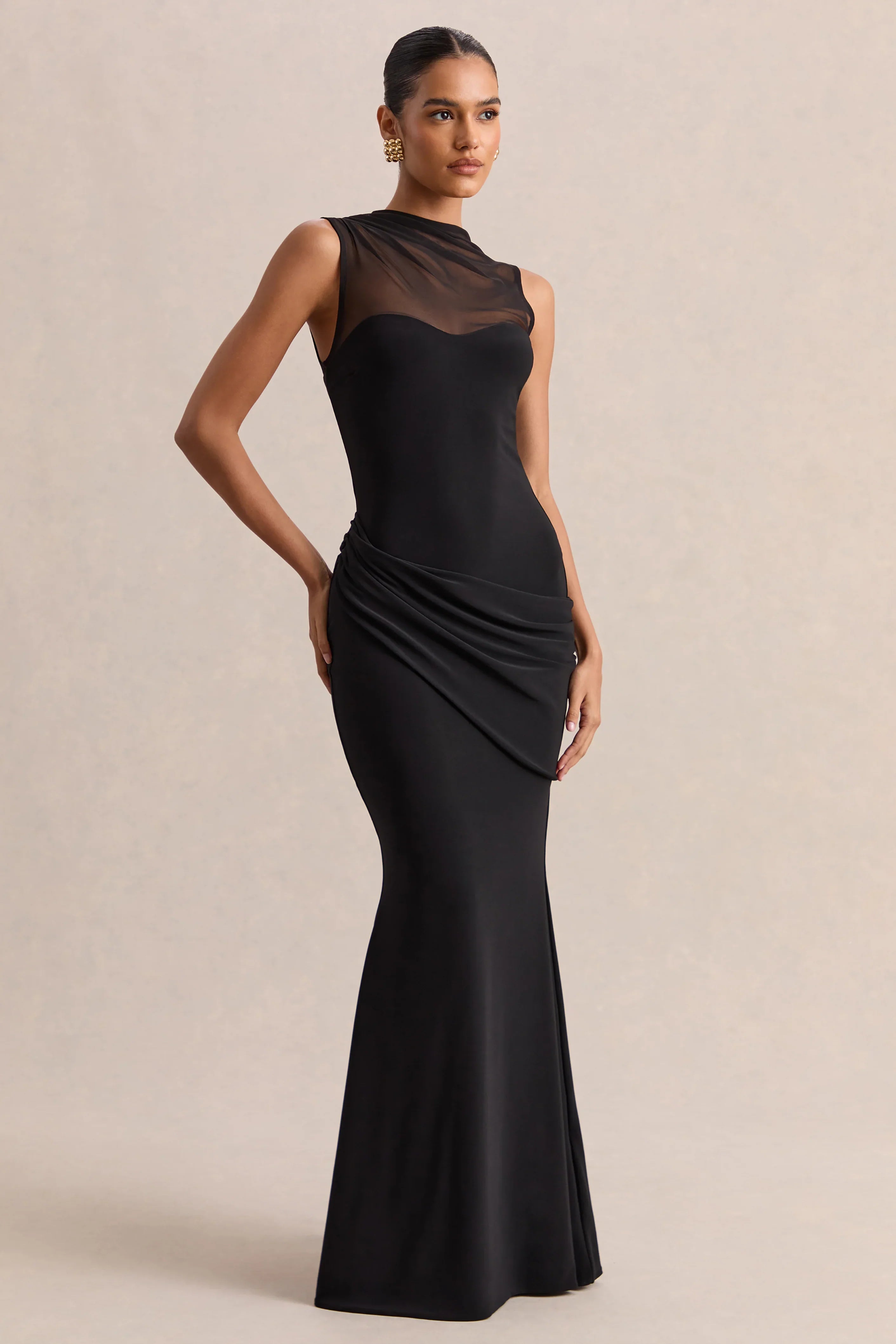 Lyssy Black High Neck Maxi Dress With Mesh Detail