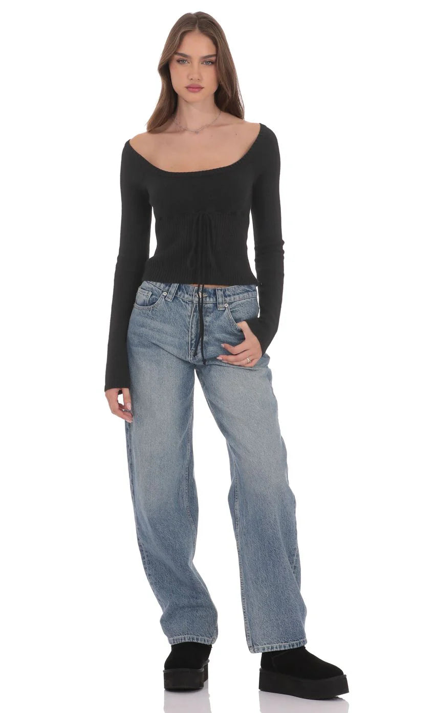 Knit Cinch Drawstring Top in Black
