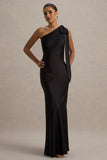 Here For Love Black Satin Asymmetric Maxi Dress With Bow