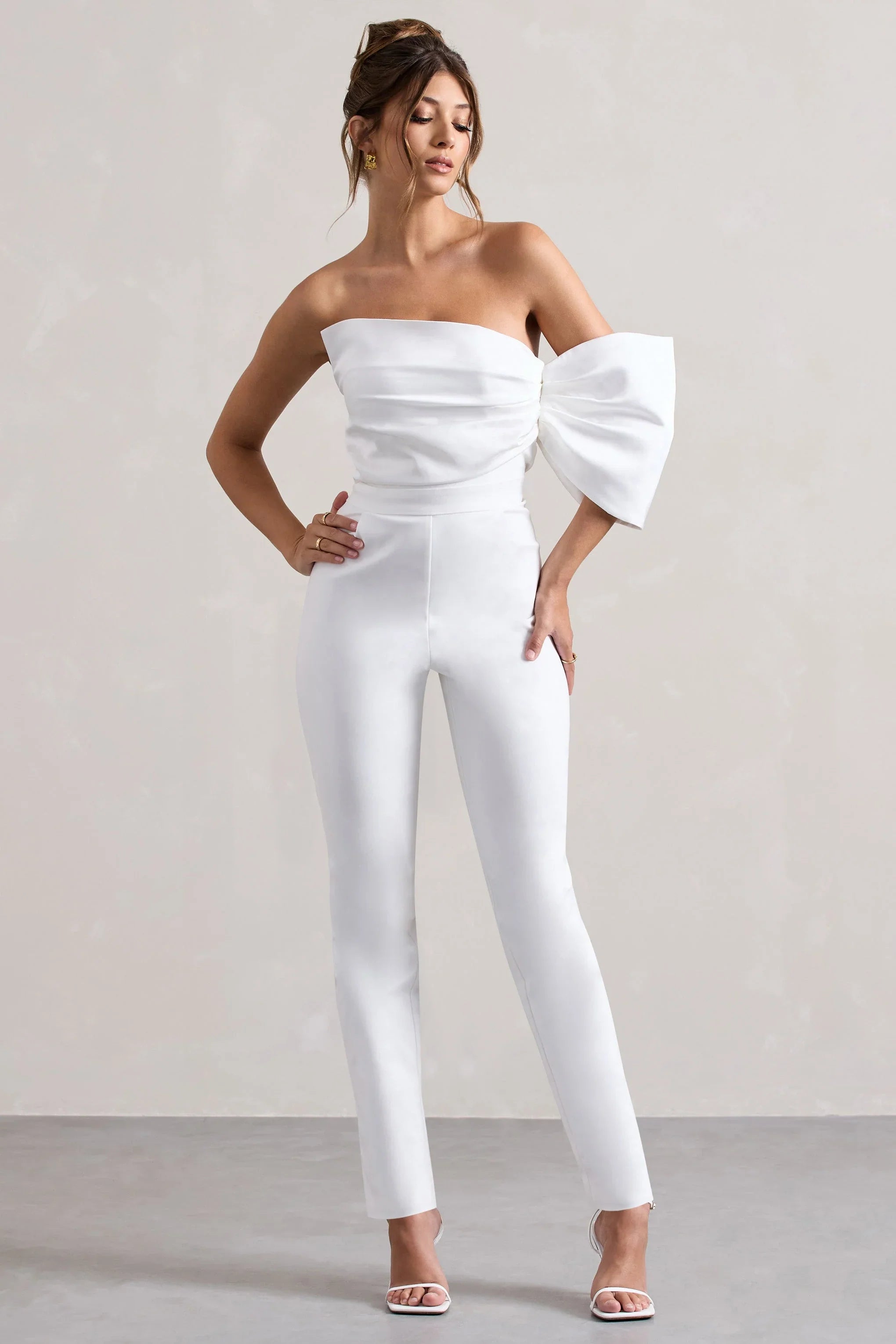 Adabella White Satin Strapless One Sleeve Straight Leg Jumpsuit