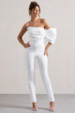 Adabella White Satin Strapless One Sleeve Straight Leg Jumpsuit