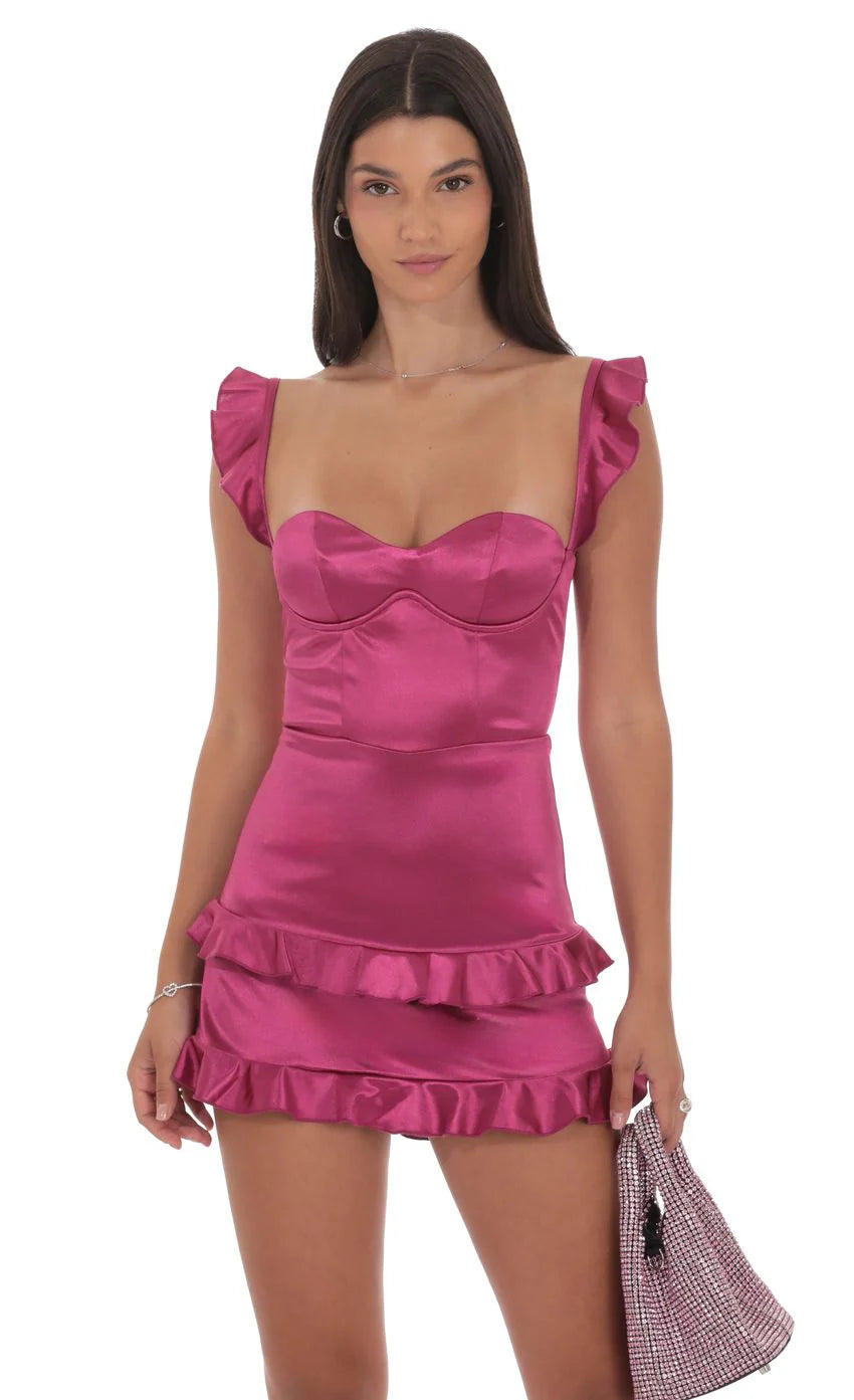 Satin Ruffle Bodycon Dress in Magenta