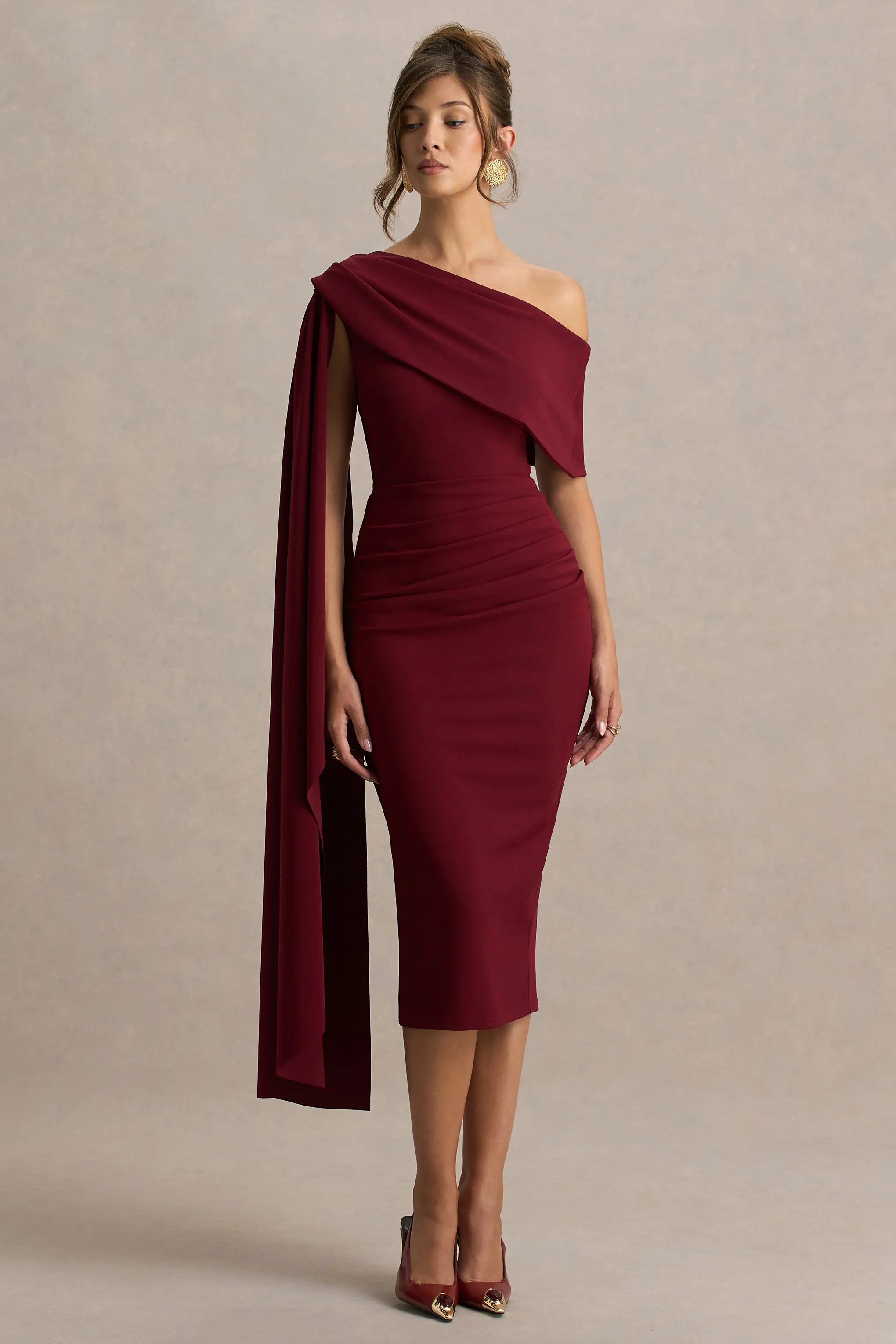 Leah Burgundy Asymmetric Neck Midi Dress With Cape Sleeve