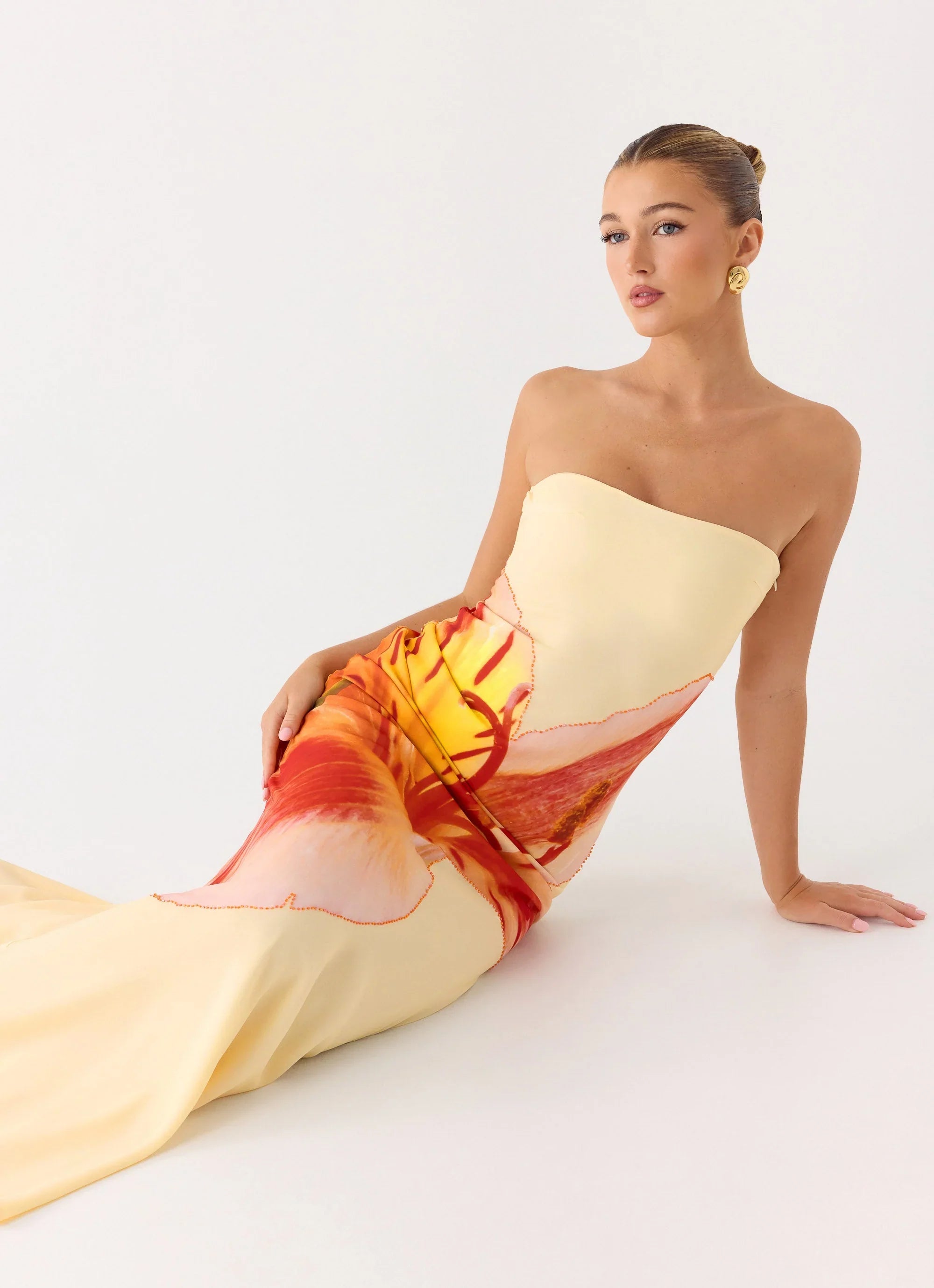 Ashwin Strapless Beaded Maxi Dress Sunpetal Print