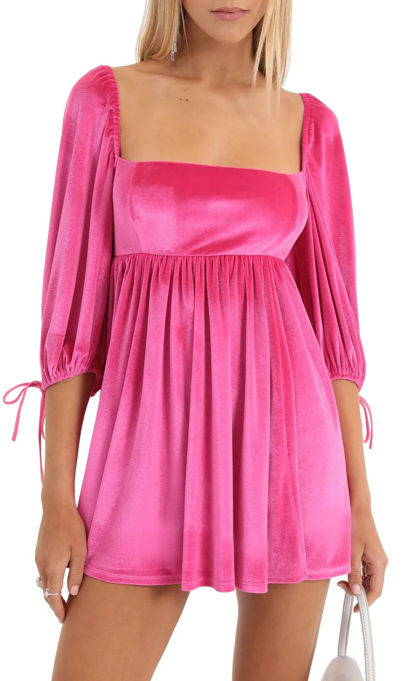 Velvet Baby Doll Dress in Hot Pink