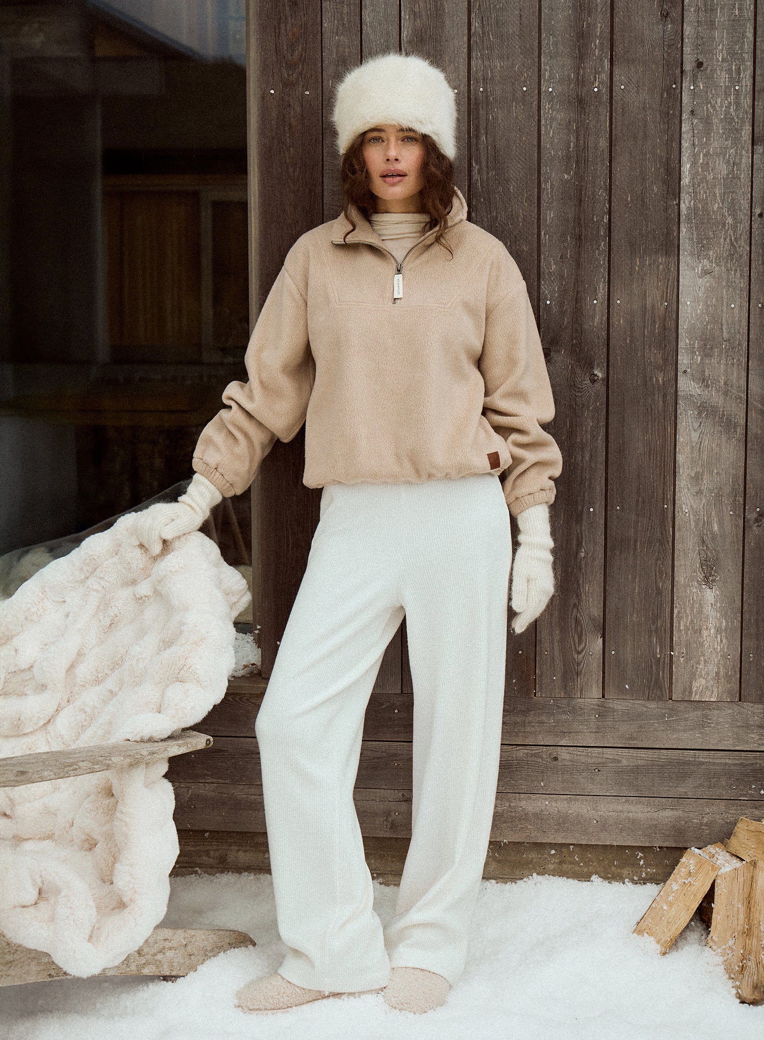 Beige Fleece Toggle Hem Collared Zip Sweatshirt