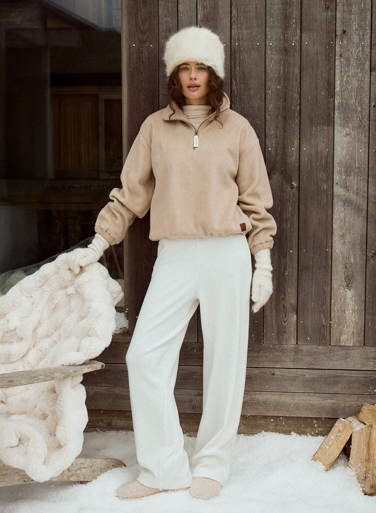 Beige Fleece Toggle Hem Collared Zip Sweatshirt