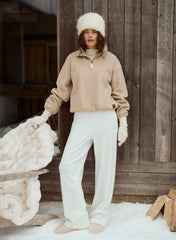 Beige Fleece Toggle Hem Collared Zip Sweatshirt