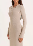Beige Collared Knit Maxi Dress