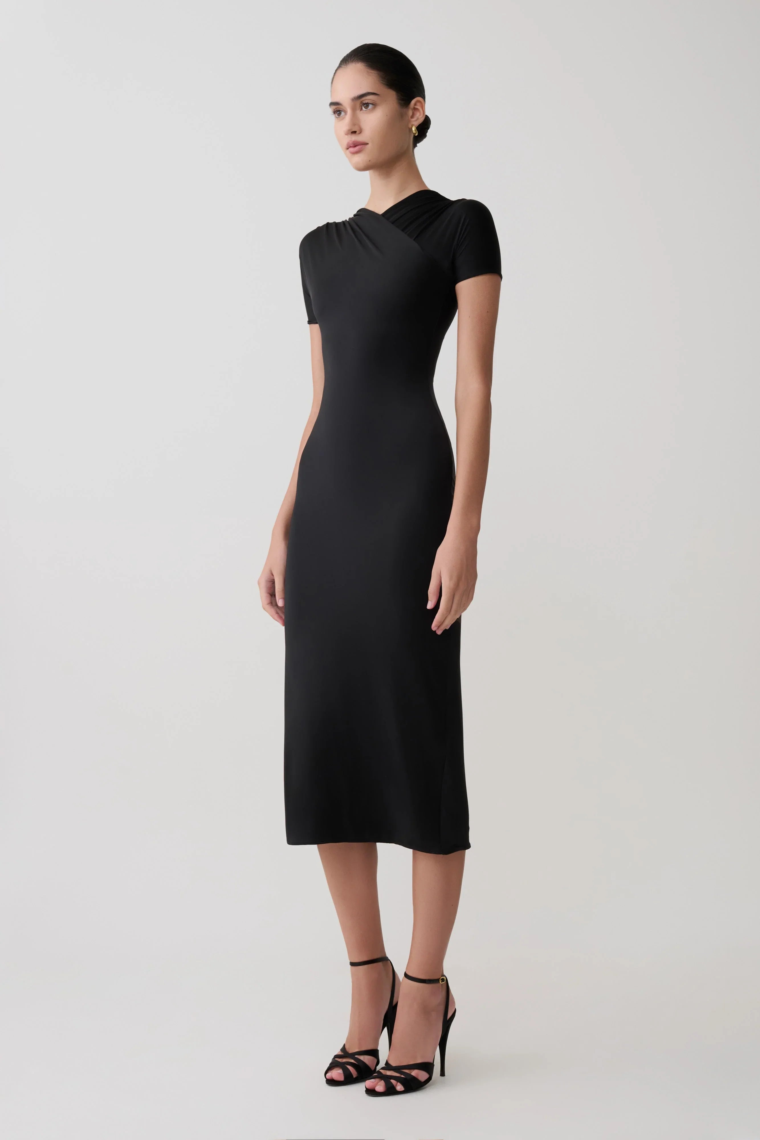 Junie Cross Over Neck Slinky Maxi Dress Black