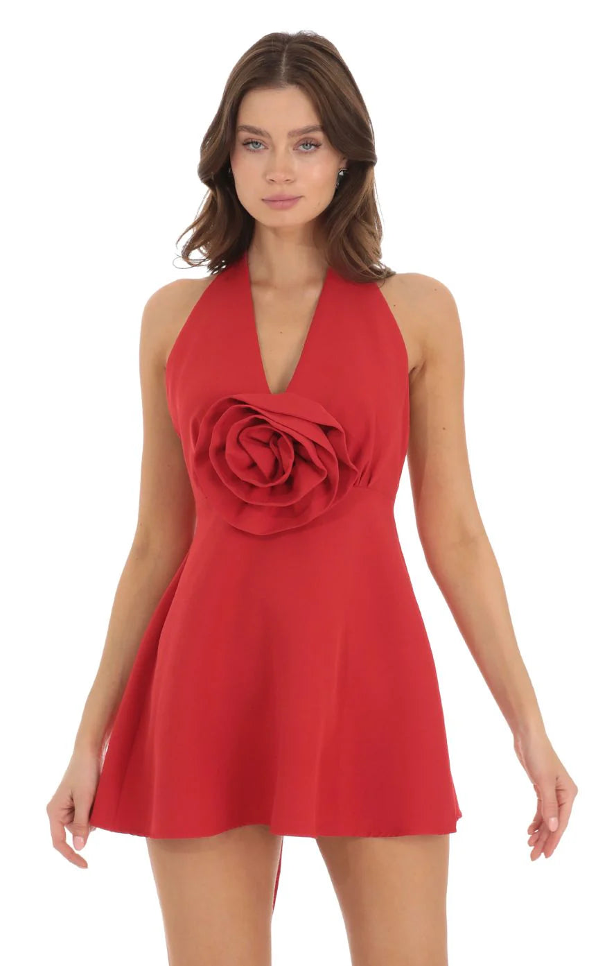 Flower V Neck Dress in Red