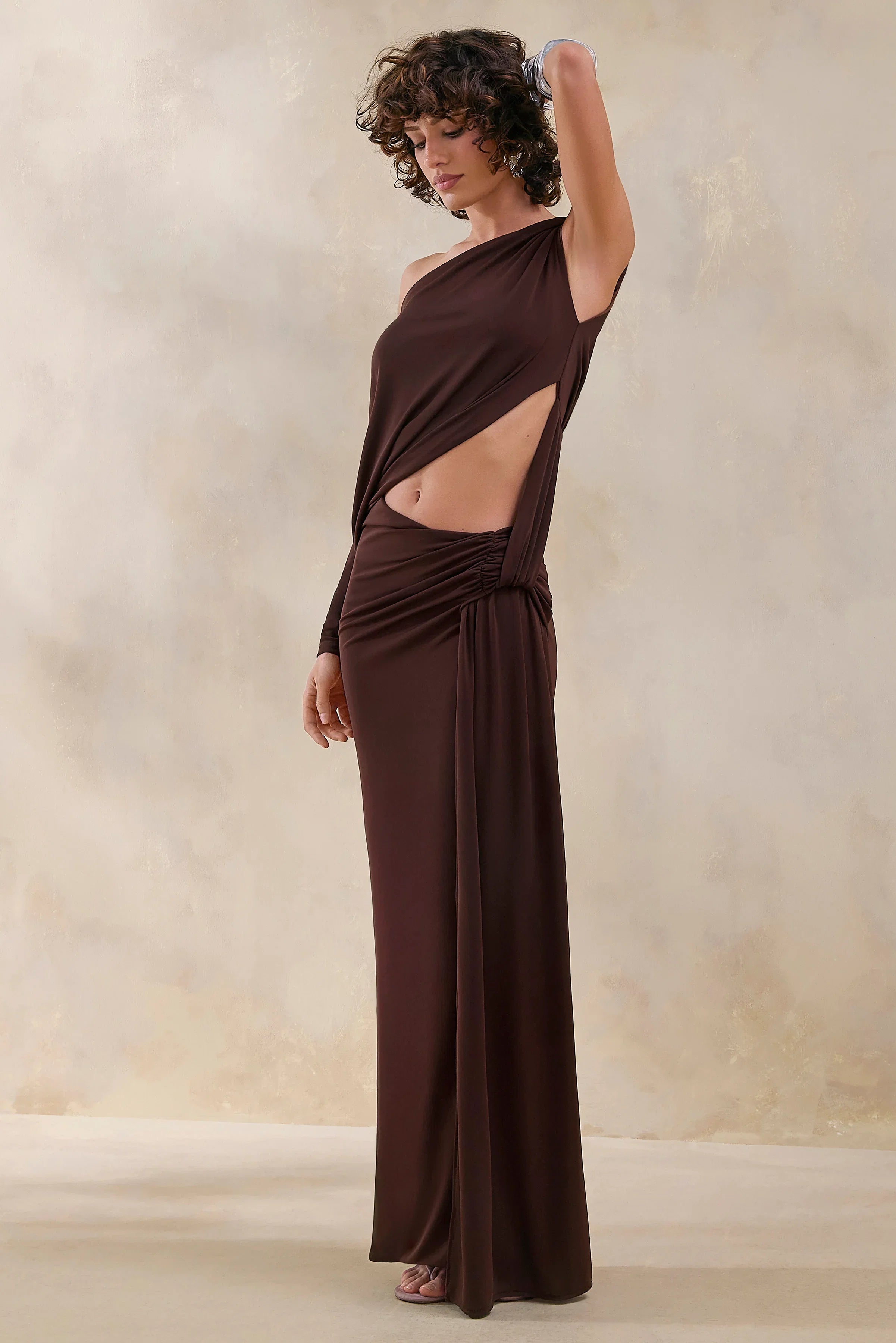 Layla Brown Asymmetric Neck Wrap Maxi Dress With Body Cut Out And Ruched Detailing