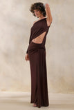 Layla Brown Asymmetric Neck Wrap Maxi Dress With Body Cut Out And Ruched Detailing