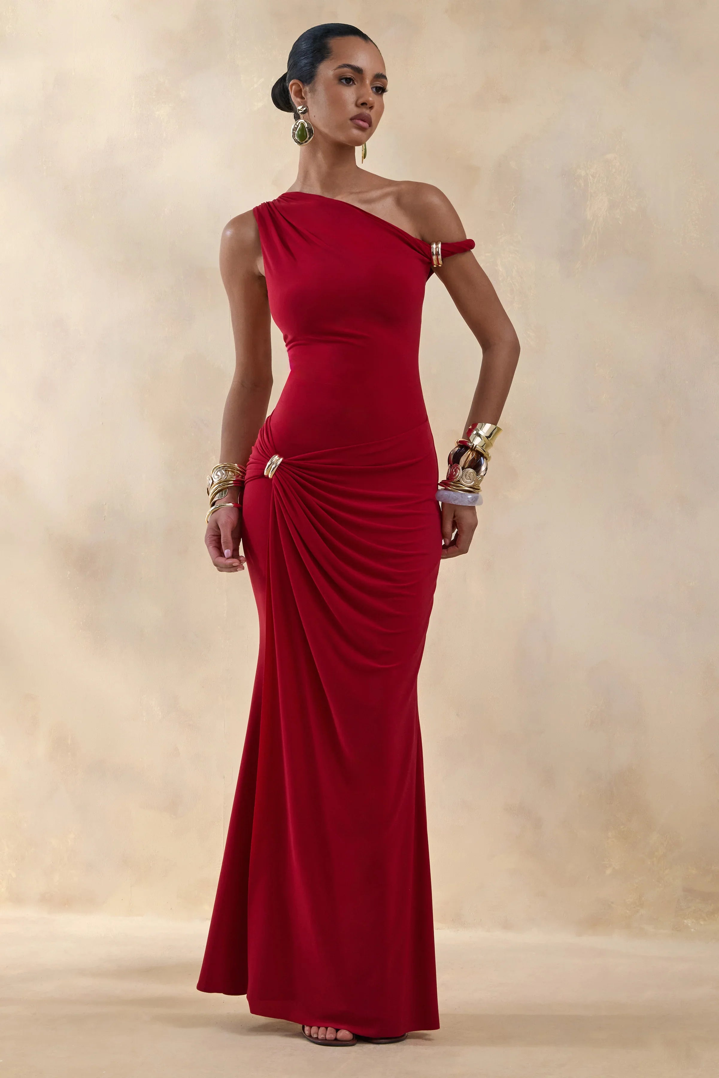 Caelia Red Asymmetric Neck Maxi Dress With Gold Detailing And Sash